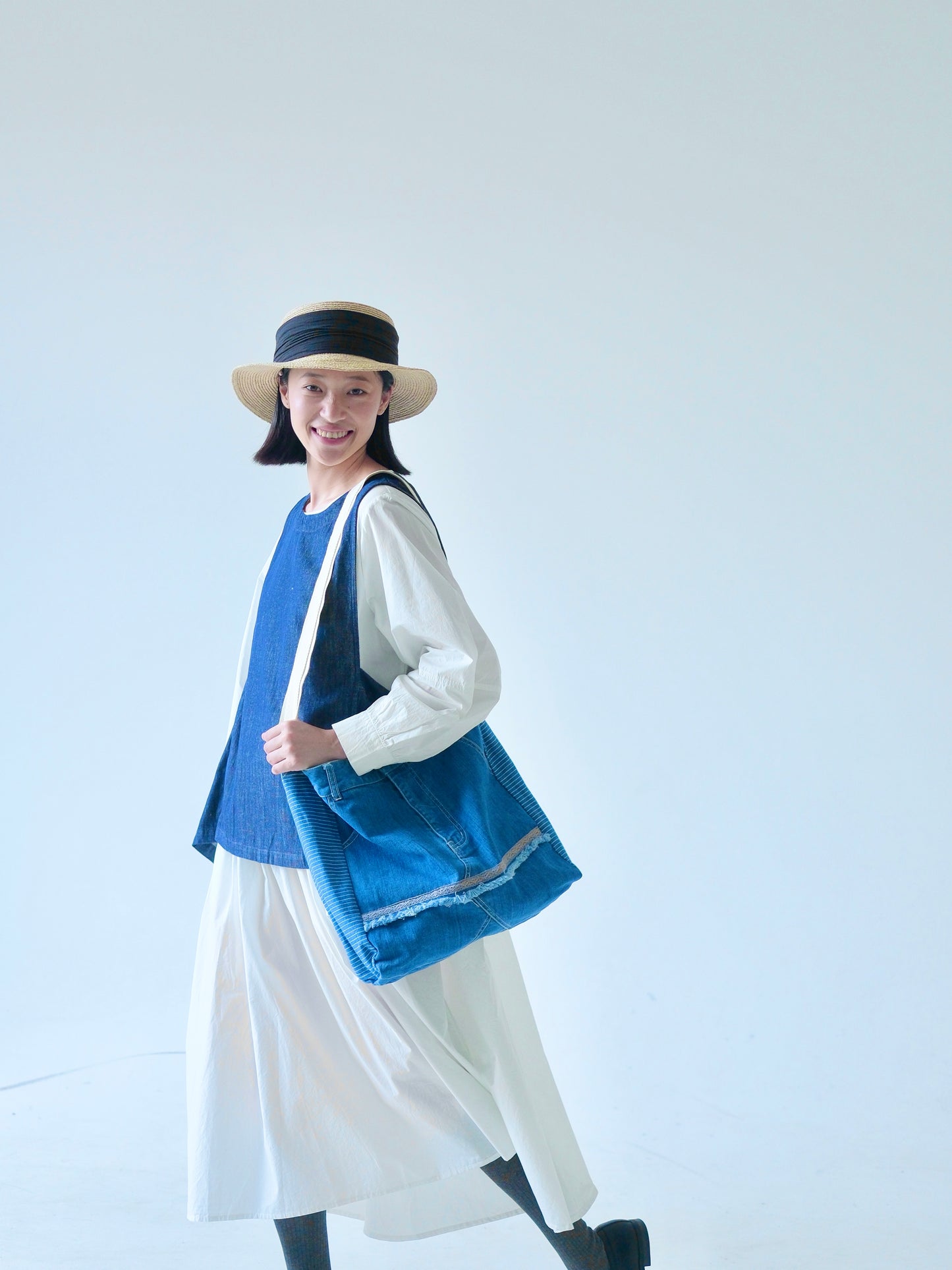 Denim Shoulder Bag with Striped Panels – Crafted in Japan