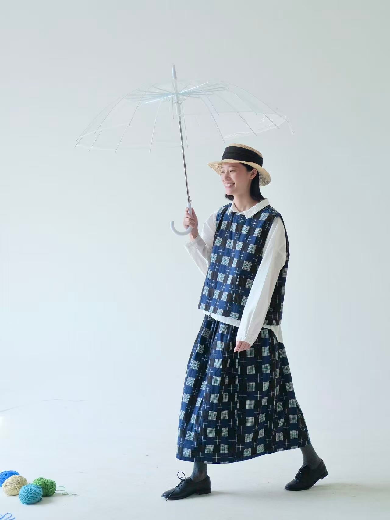 Japanese Patchwork Style Cotton Skirt – Navy Checkered