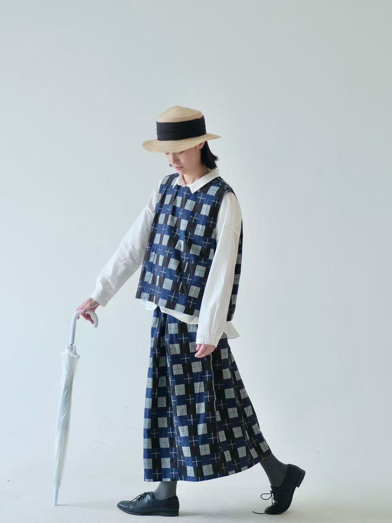 Japanese Patchwork Style Cotton Vest – Navy Checkered