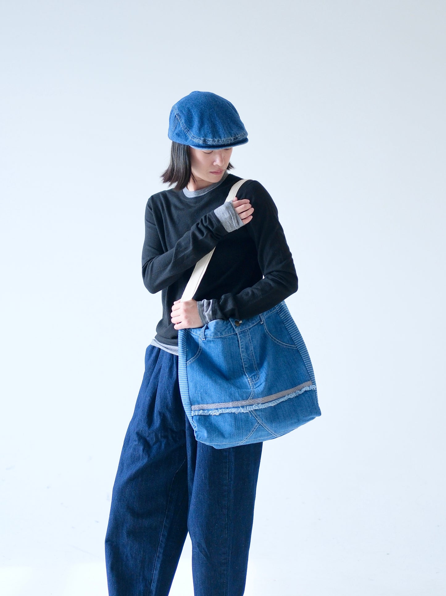 Denim Shoulder Bag with Striped Panels – Crafted in Japan