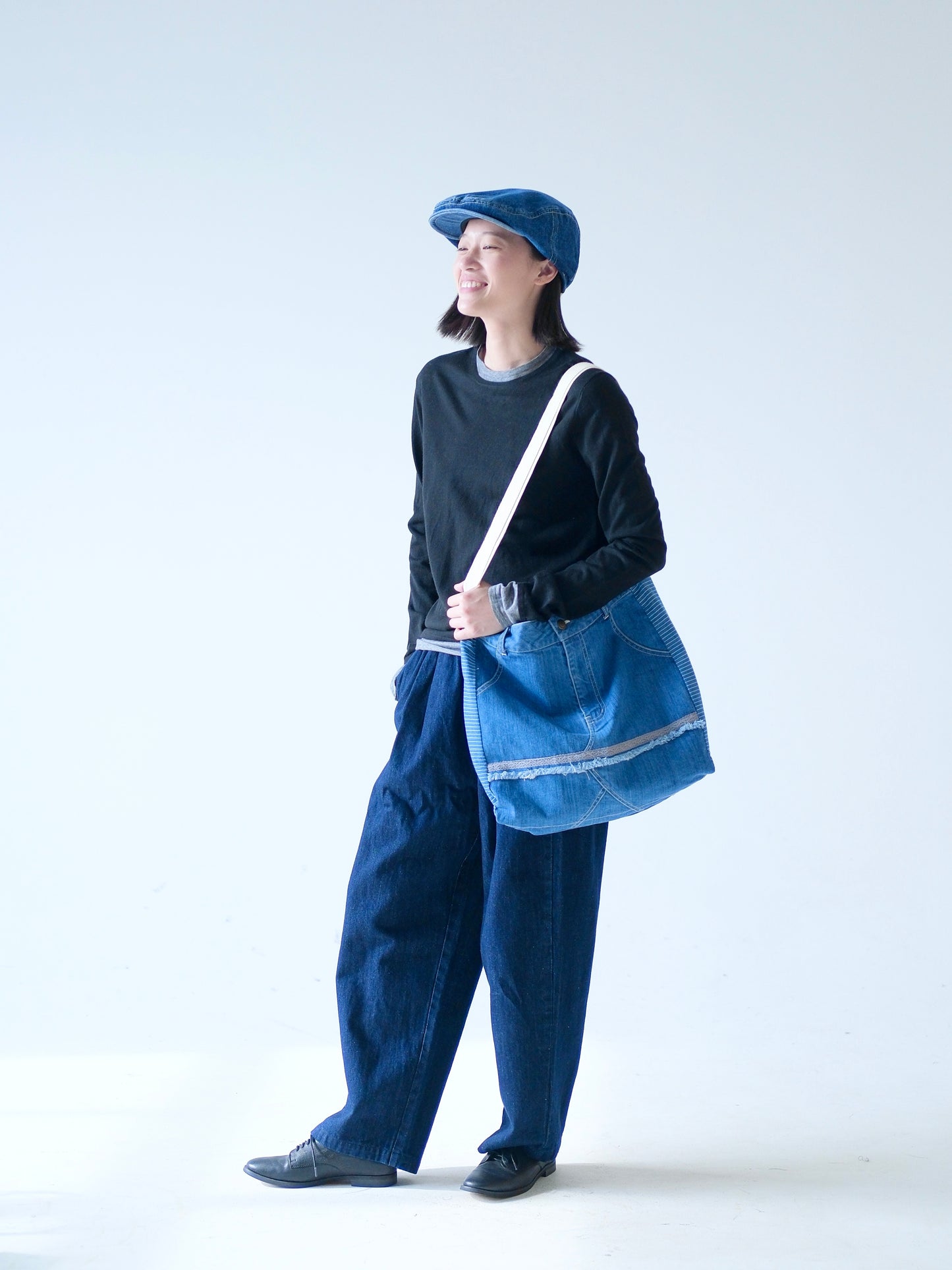 Denim Shoulder Bag with Striped Panels – Crafted in Japan