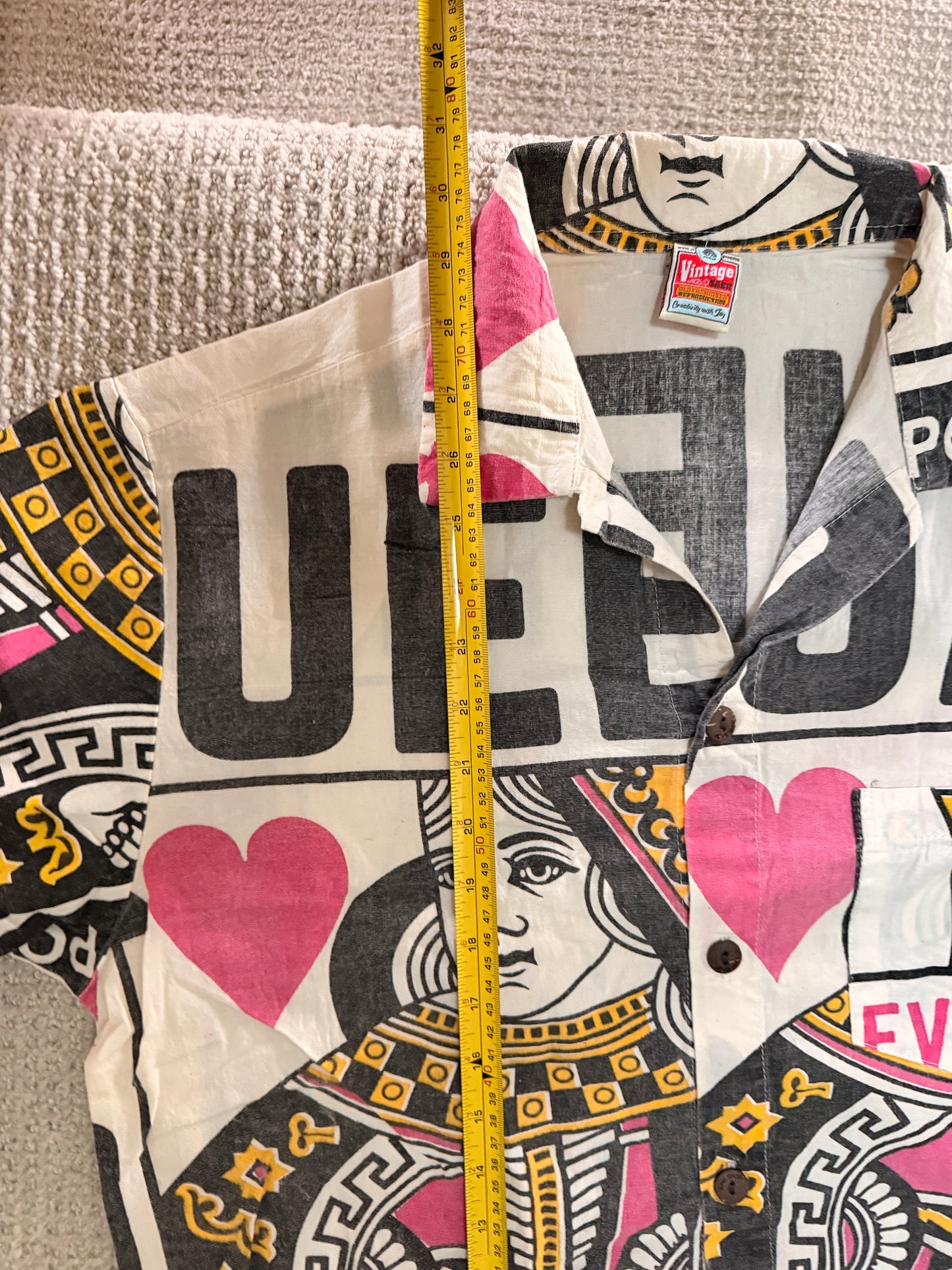 Queen Card Print Shirt – Washed Cotton Button-Up – Made in Thailand – L