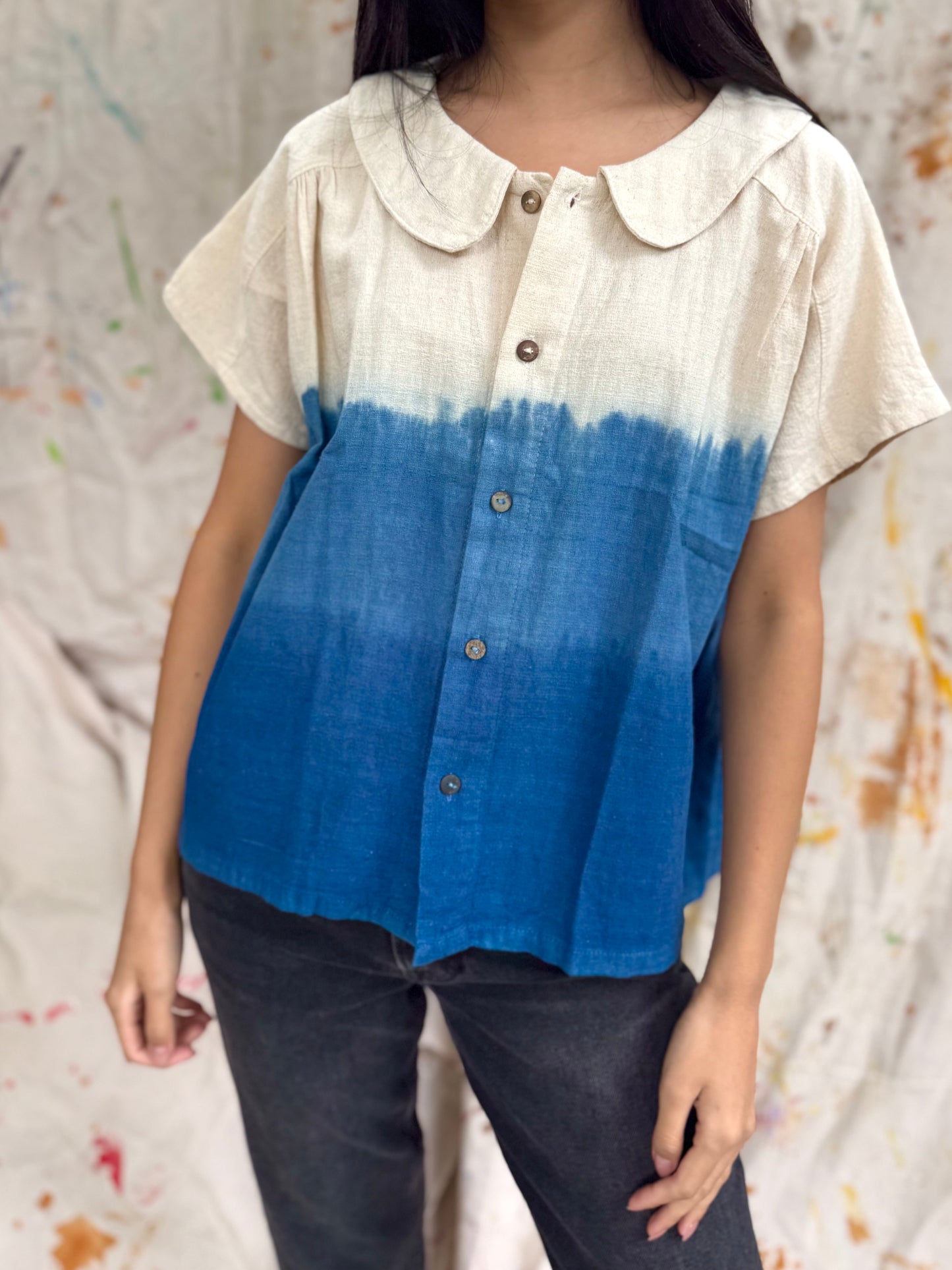 Thailand Handmade Indigo Gradient Cotton Button Top – Peter Pan Collar