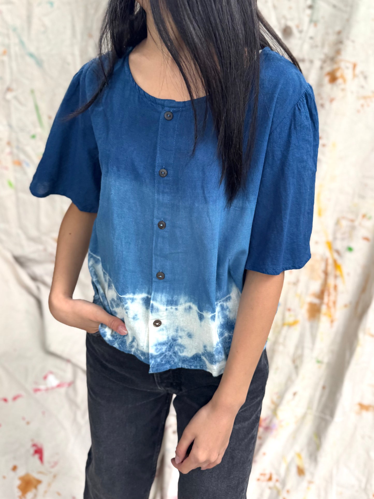 Thailand Handmade Indigo Tie-Dye Cotton Button Top