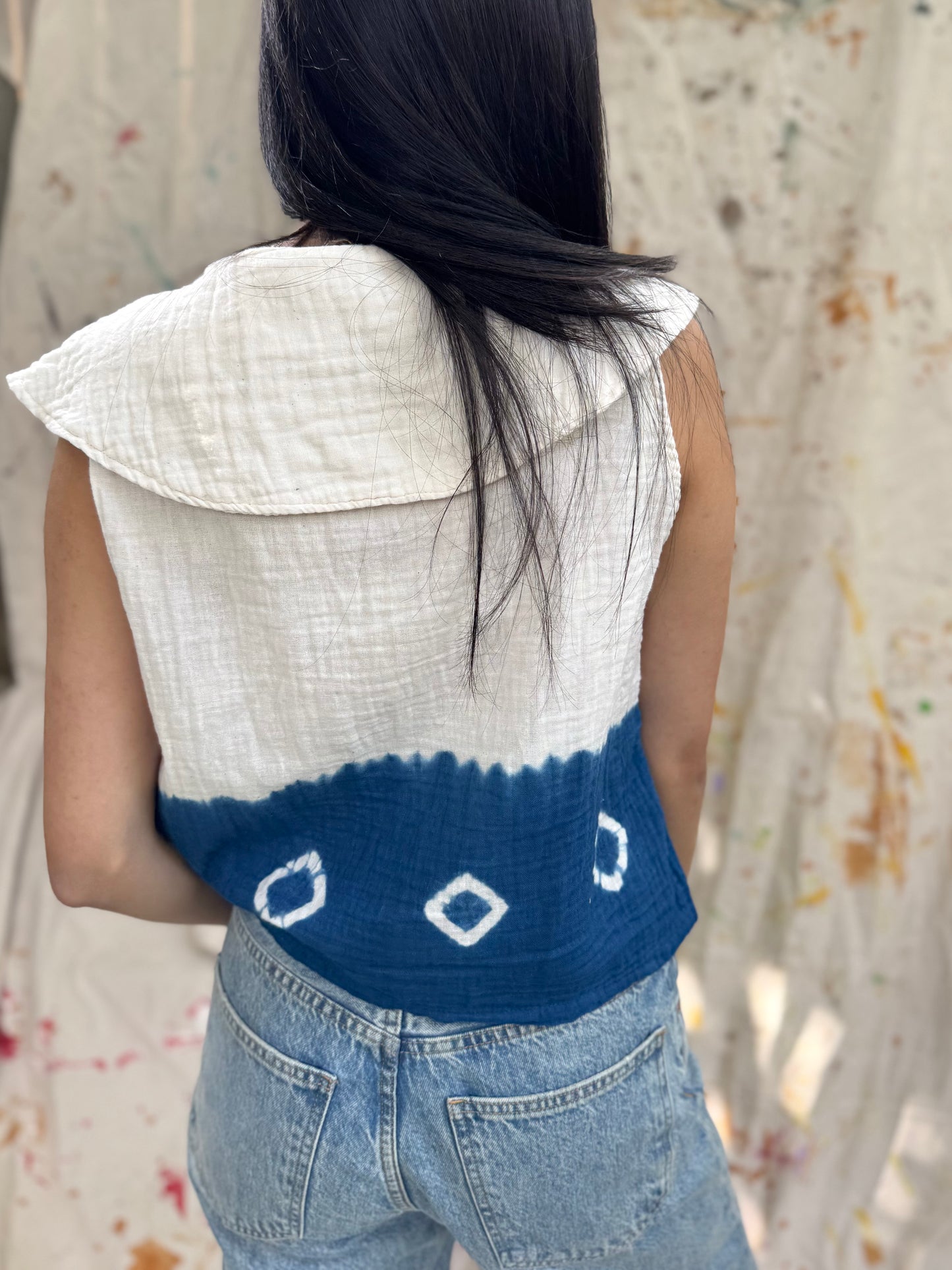 Hand-Dyed Indigo Cotton Top with Wide Collar | Natural Plant Dye | One of a Kind