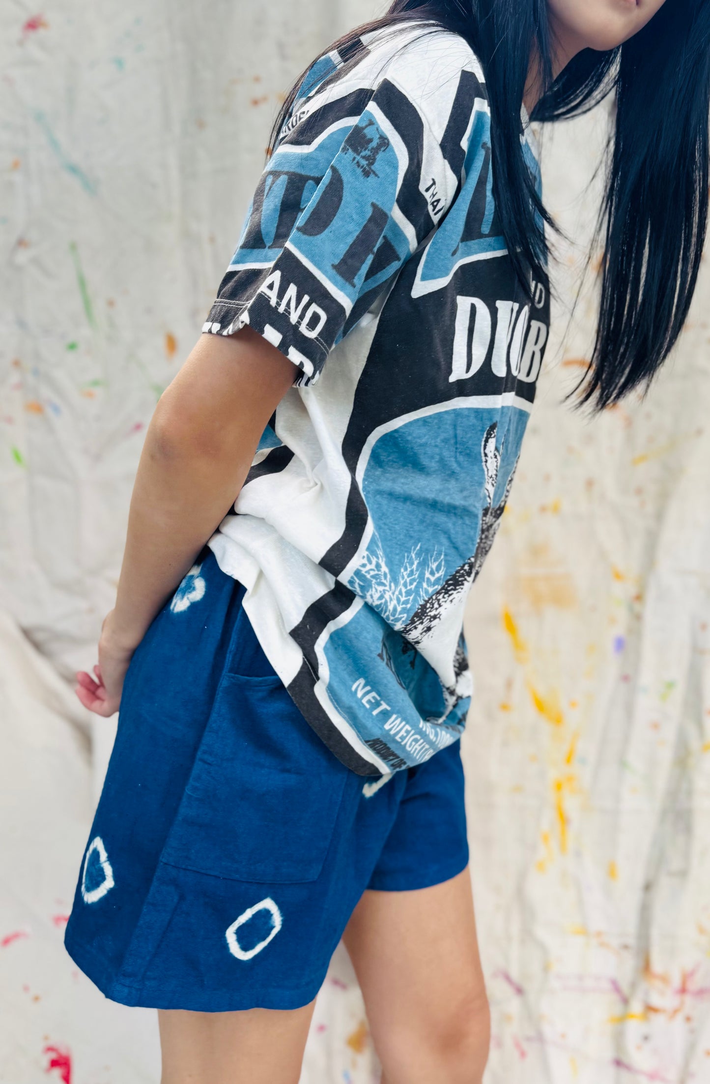 Duo Rabbit Vintage Graphic Tee β Blue Rice Sack Print