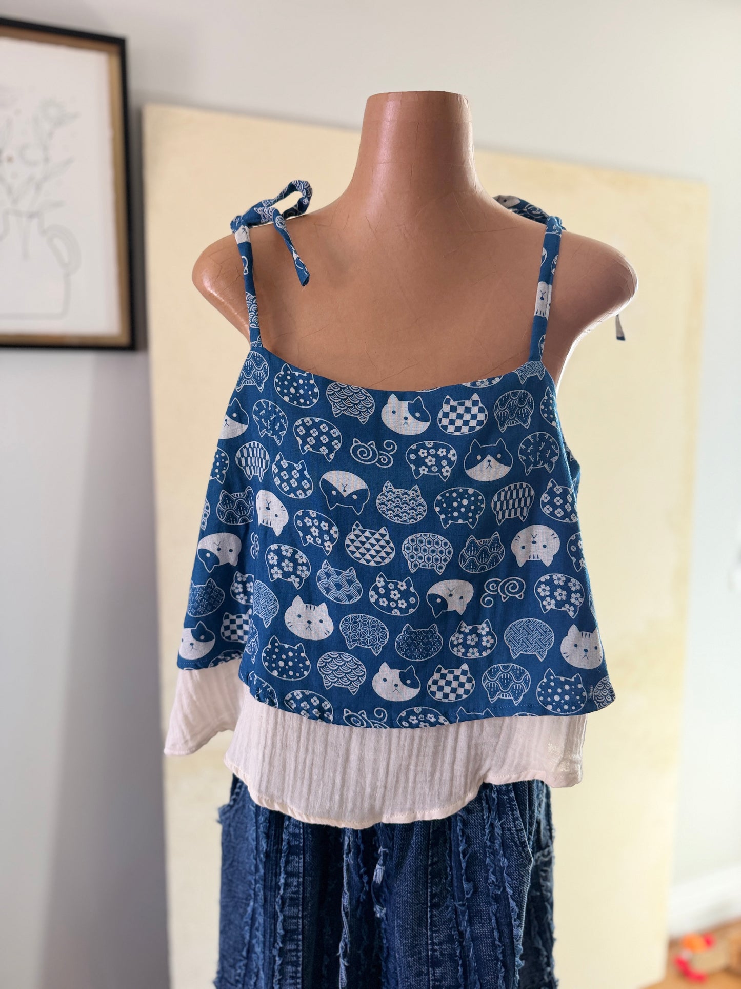 Cat Print Cotton Camisole – Lightweight Summer Tie Strap Top | BoHo Bronte (Made in Thailand)