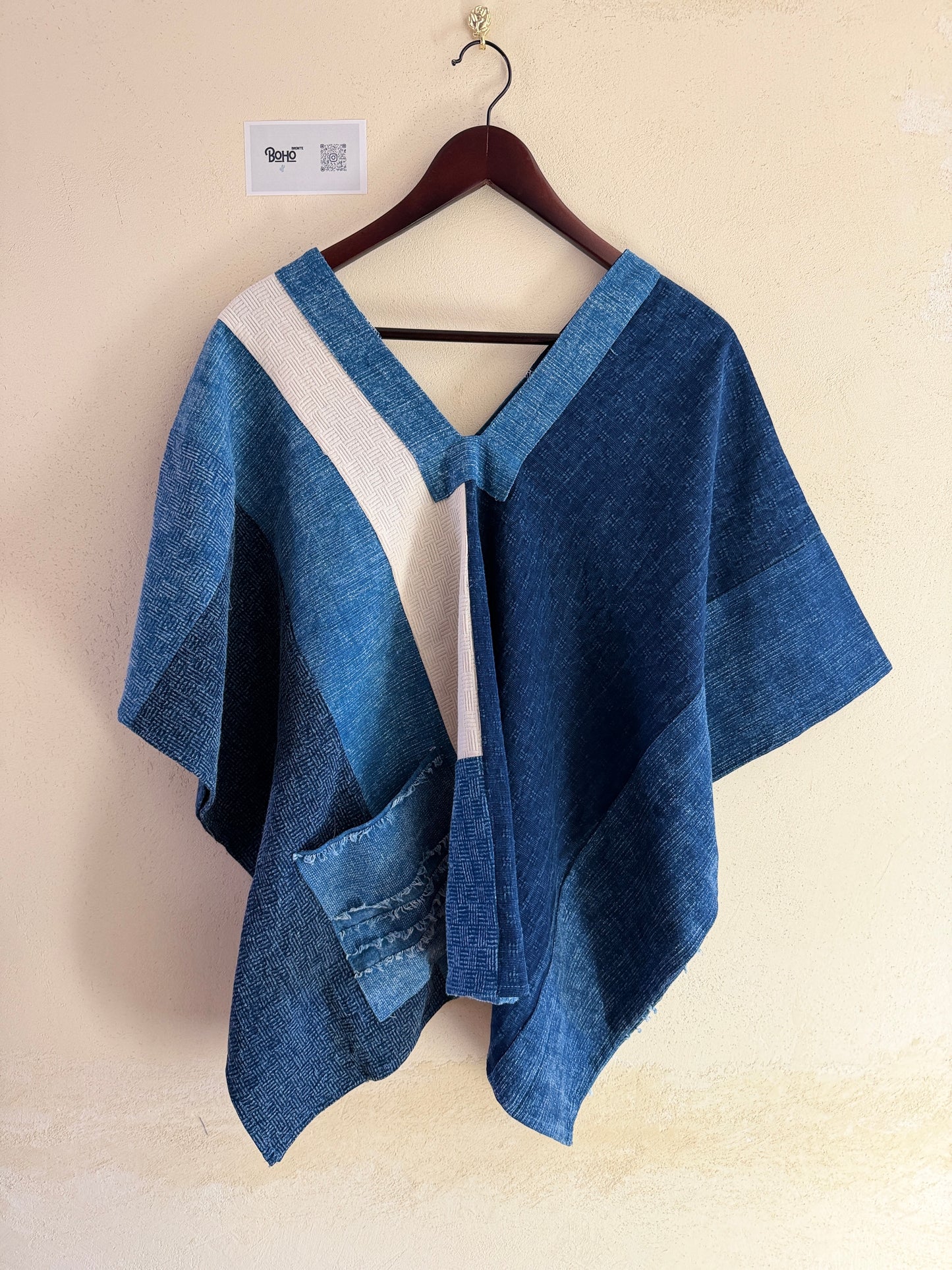 Indigo Patchwork Kimono Top – Handmade Textured Cotton Blouse | BoHo Bronte (Made in Thailand)