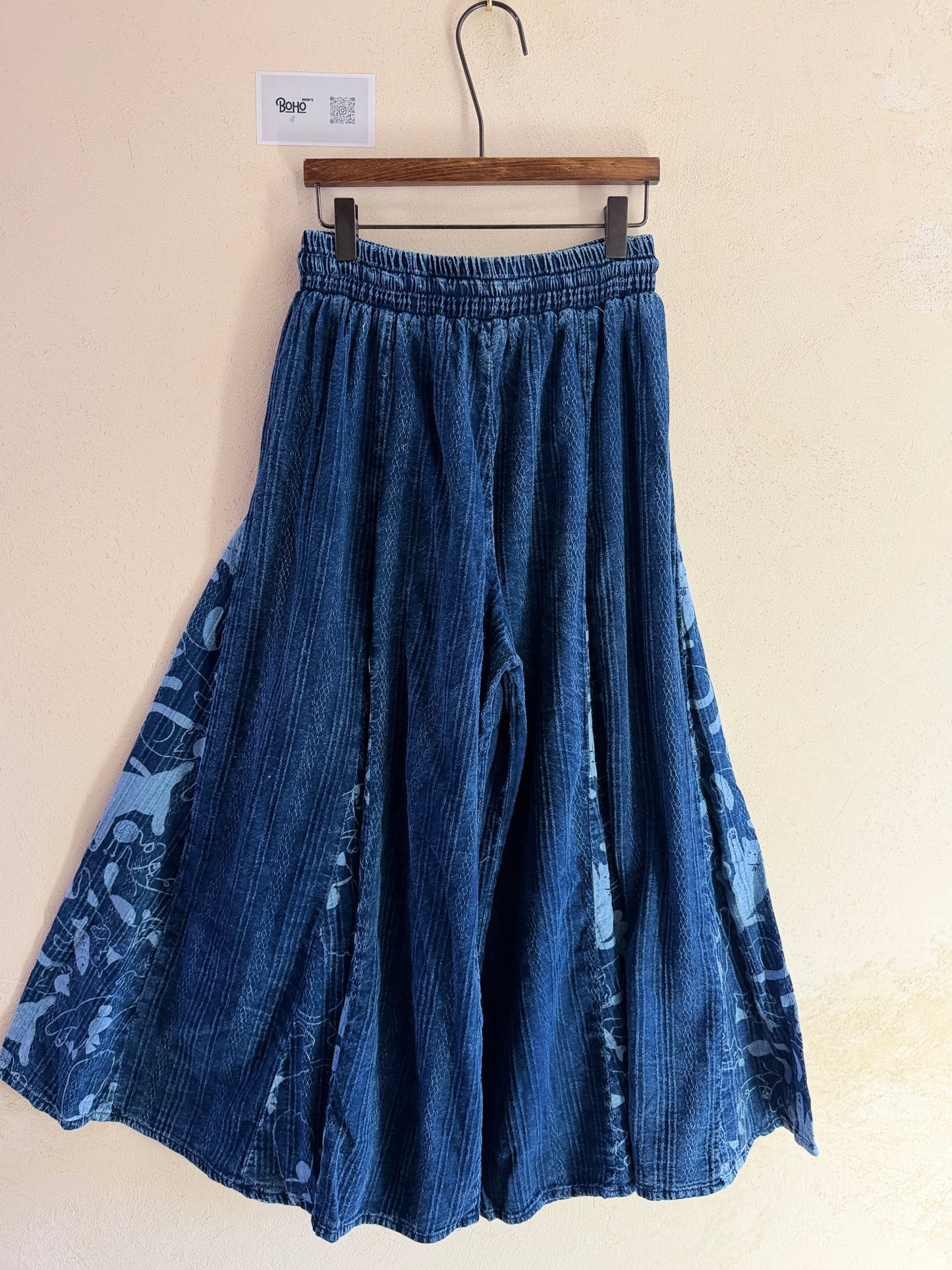 Indigo Cat Print Cotton Skirt – Elastic Waist Boho Midi Skirt