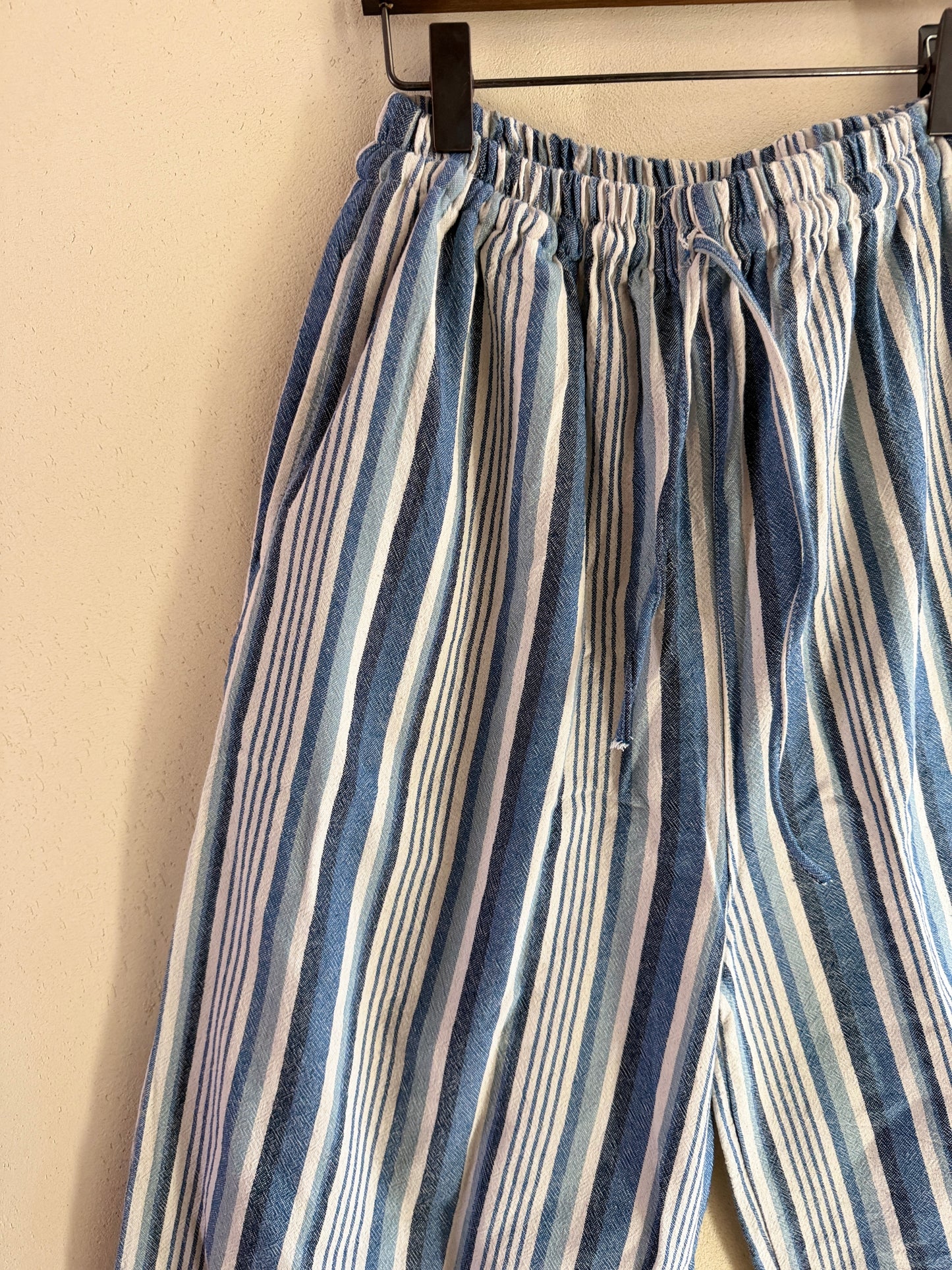 Striped Cotton Wide Leg Pants – Elastic Waist Lightweight Summer Trousers (Blue & White)