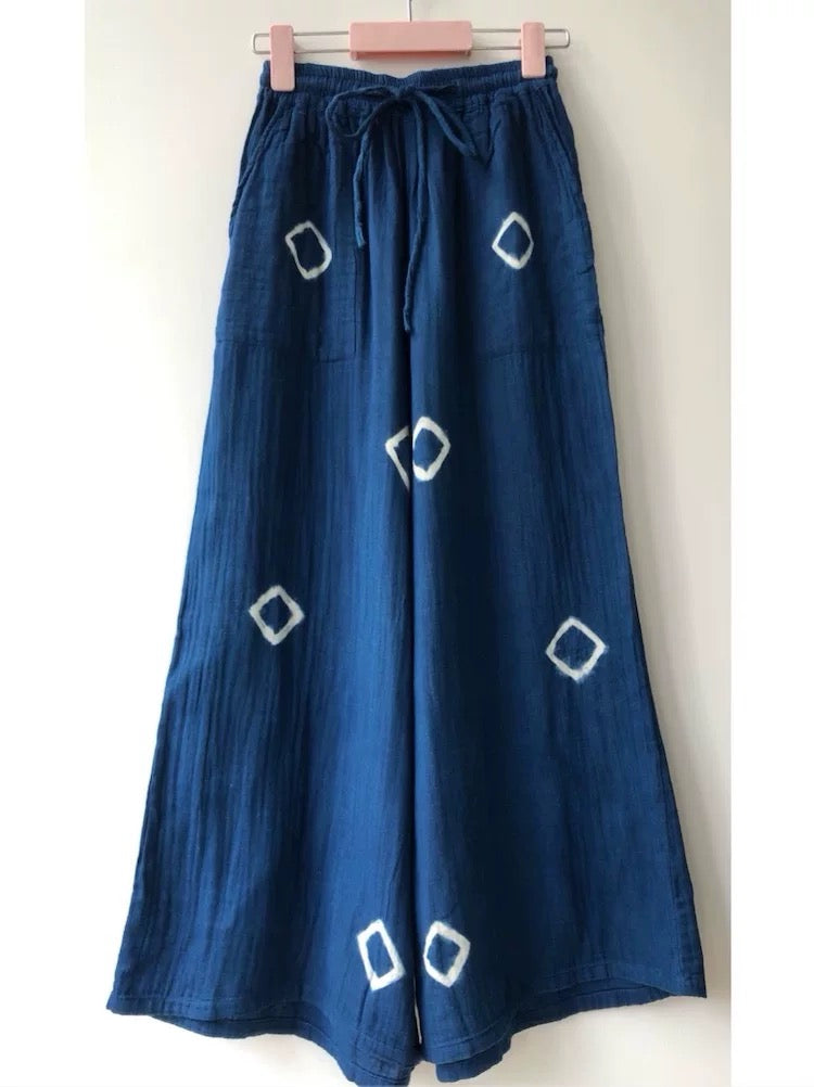 Indigo Thai Dyed Wide Leg Pants – Soft Cotton Elastic Waist | Relaxed Boho Pants