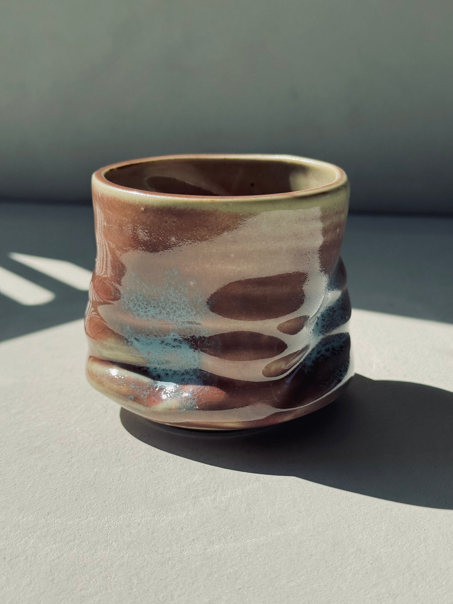 Rustic Wavy Stoneware Cup – Red-Brown & Blue Glaze (230ml)