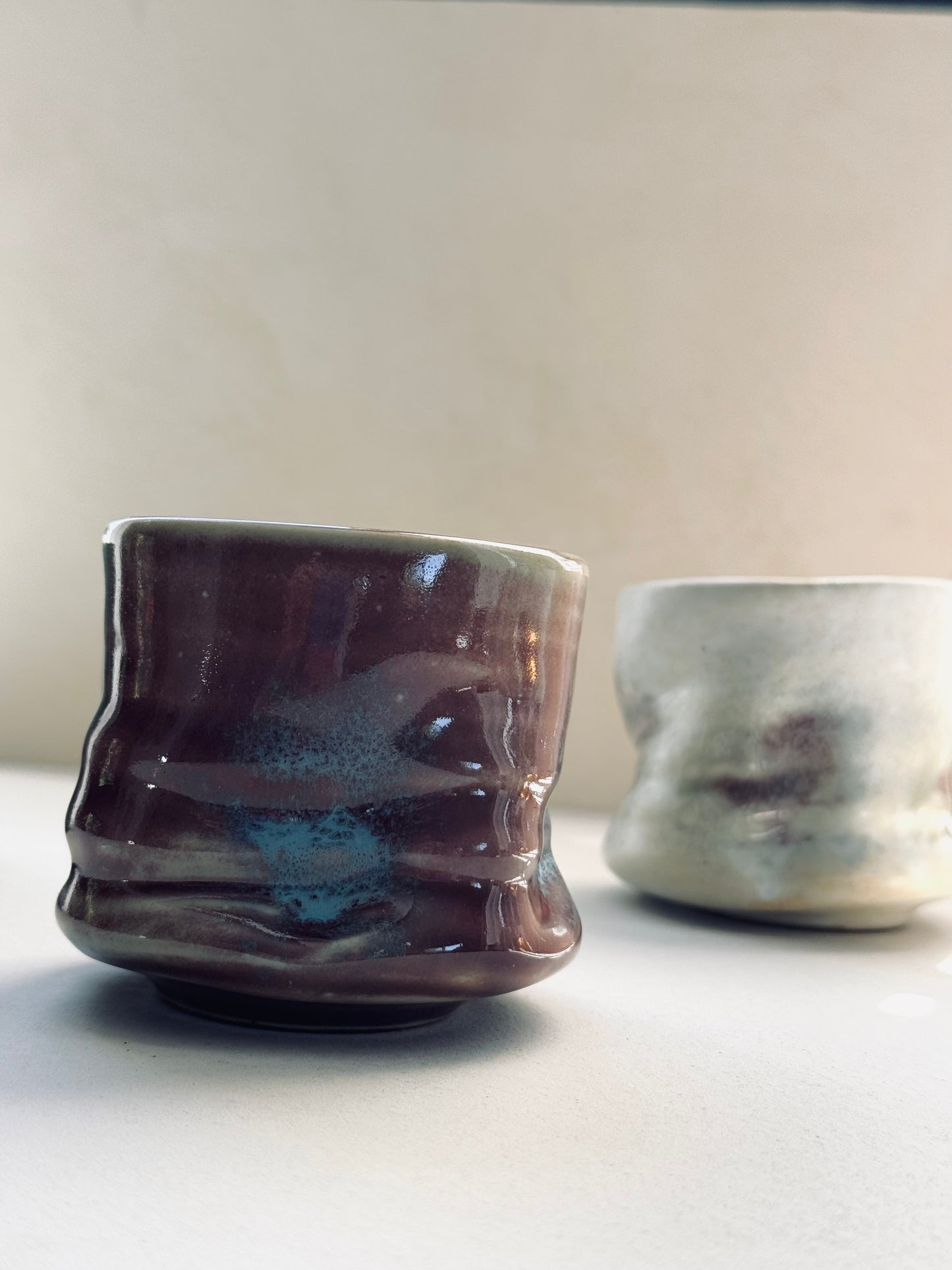 Rustic Wavy Stoneware Cup – Red-Brown & Blue Glaze (230ml)