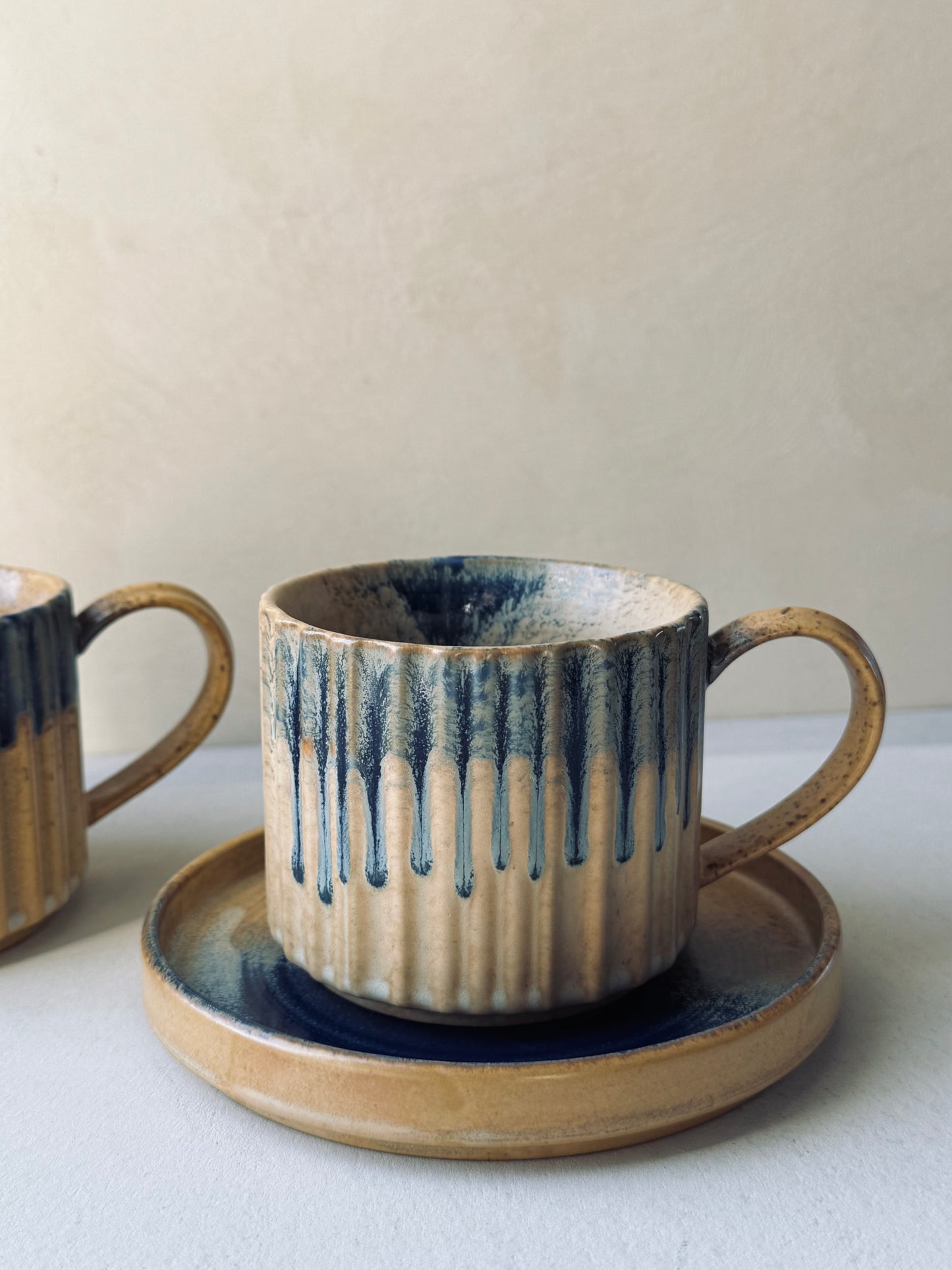 Beige & Blue Drip Glaze Cup & Saucer Set – 230ml