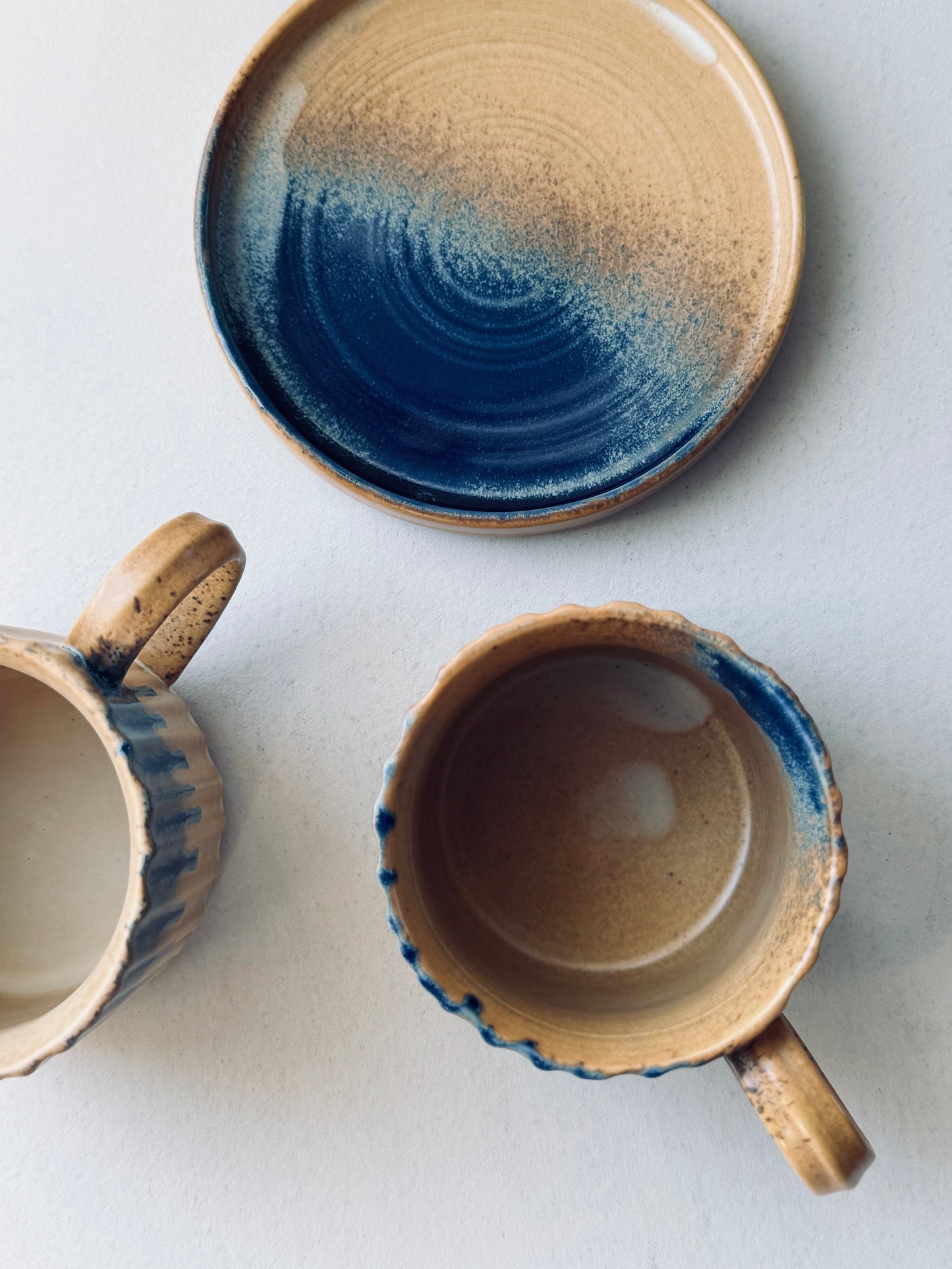 Beige & Blue Drip Glaze Cup & Saucer Set – 230ml