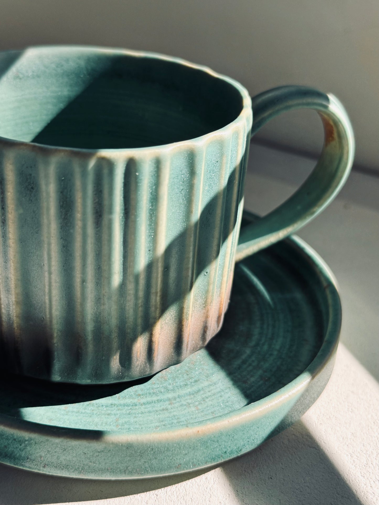 Green Ribbed Ceramic Cup & Saucer Set – 230ml