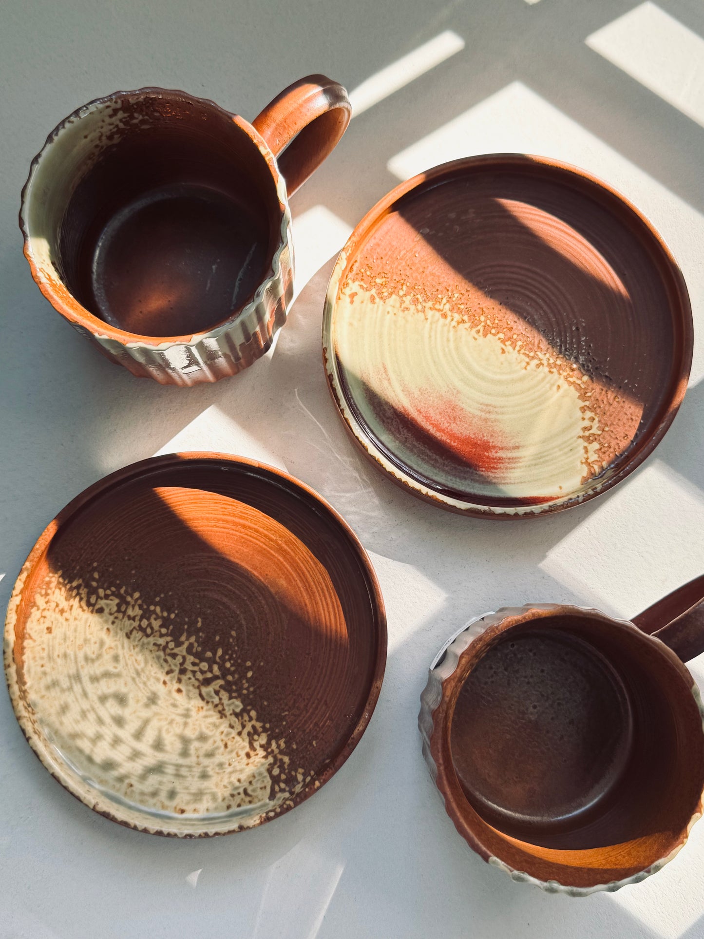 Rustic Brown & Cream Ceramic Mug with Saucer – 230ml