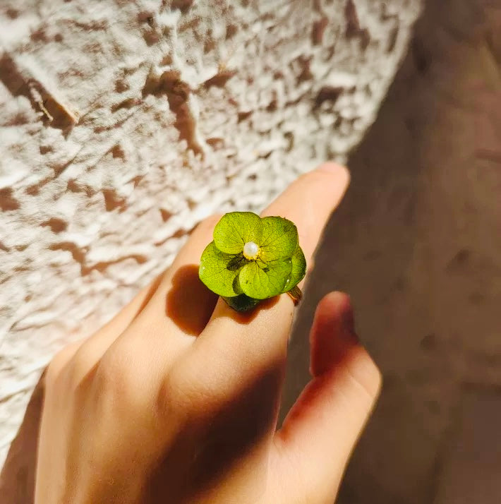 Real Dried Hydrangea Adjustable Ring – 14K Gold‑Filled