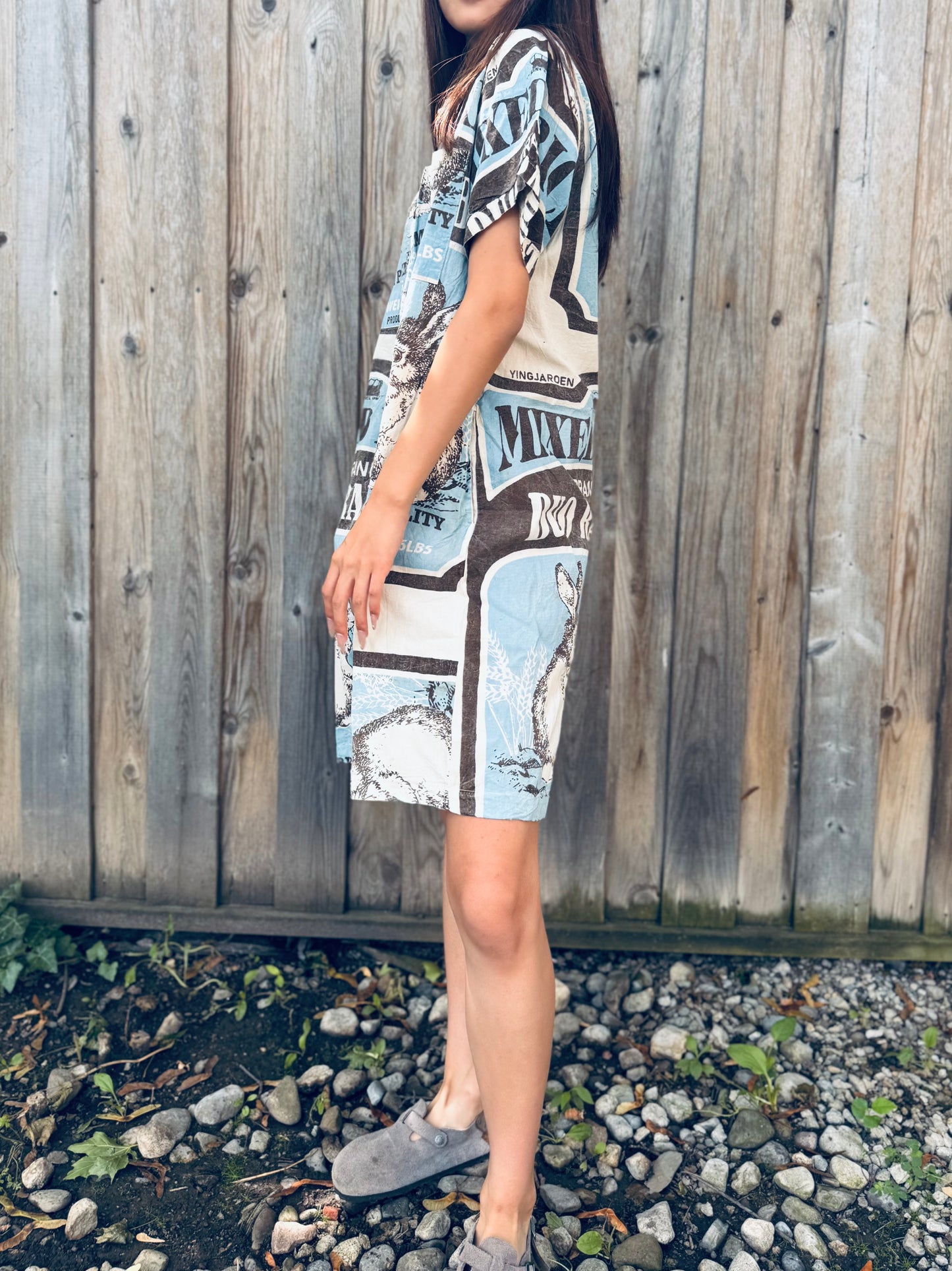 Vintage Rabbit Print Washed Cotton Shirt Dress