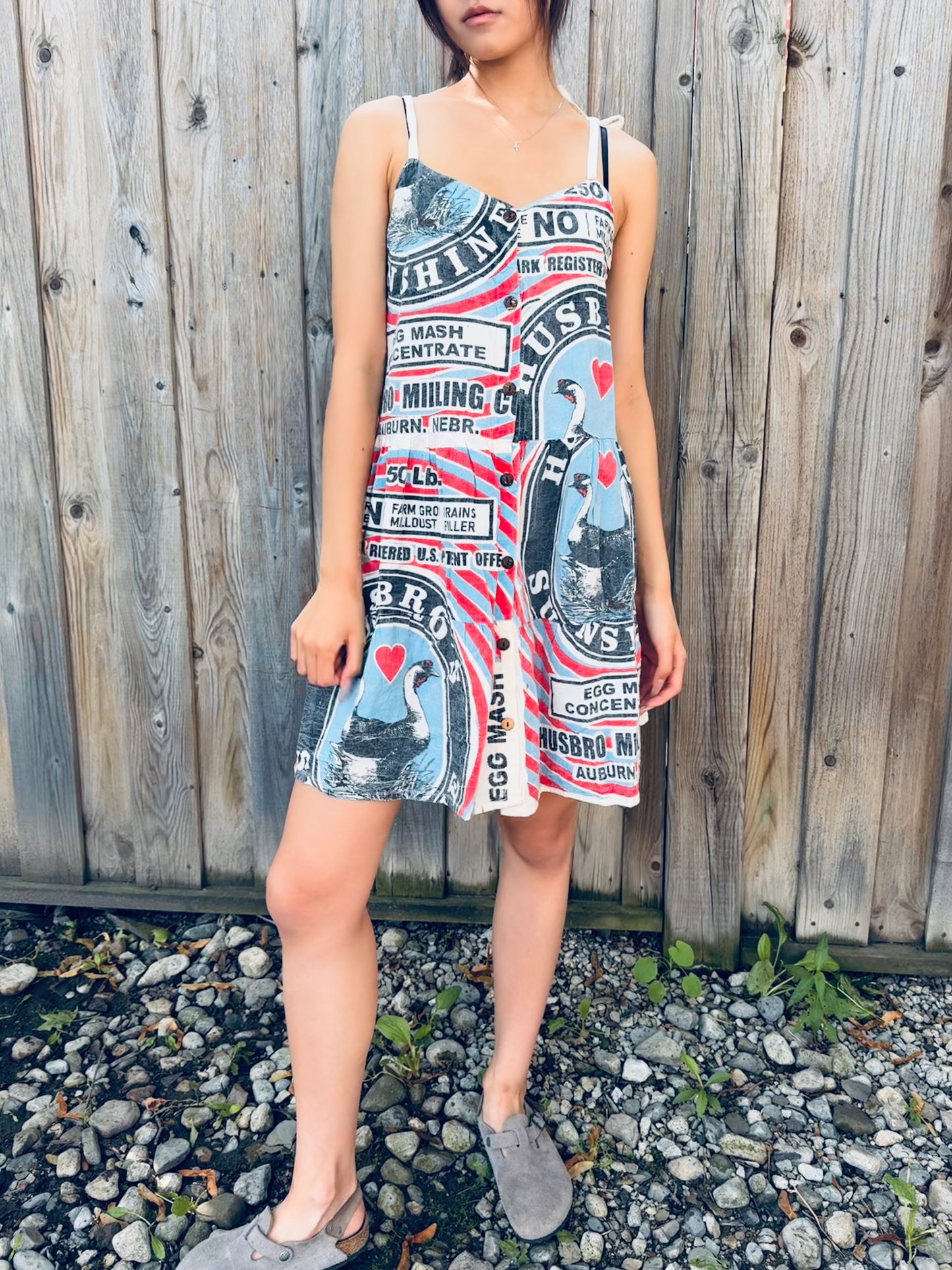 Vintage Swan Print Washed Cotton Strappy Dress – Adjustable, One Size