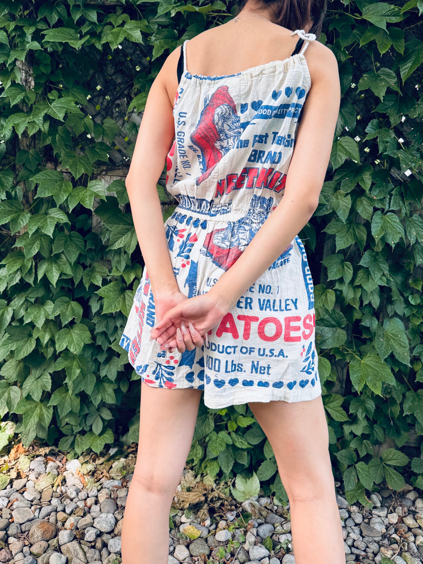 Vintage Potato Sack Print Washed Cotton Romper – Adjustable, One Size