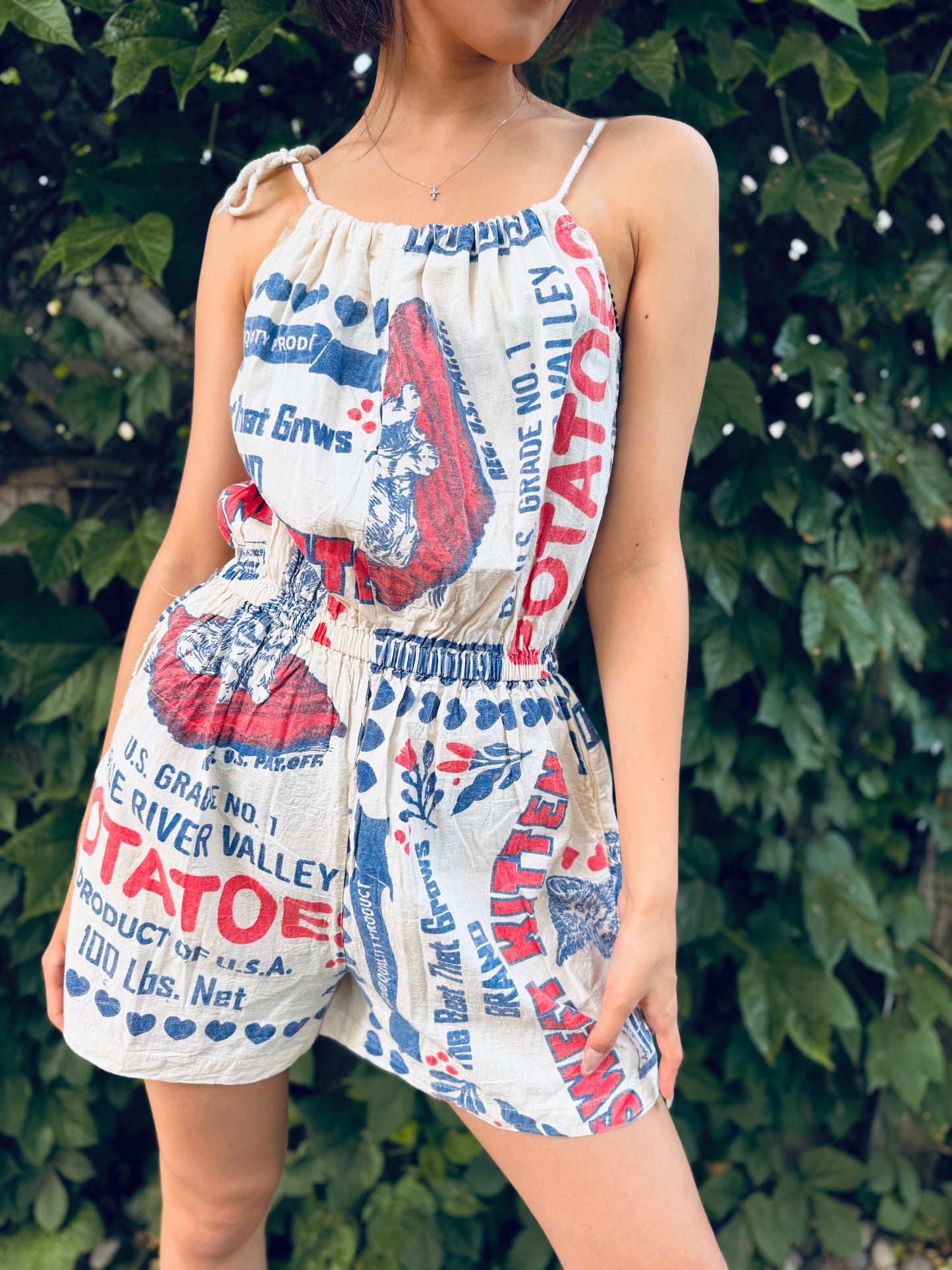 Vintage Potato Sack Print Washed Cotton Romper – Adjustable, One Size