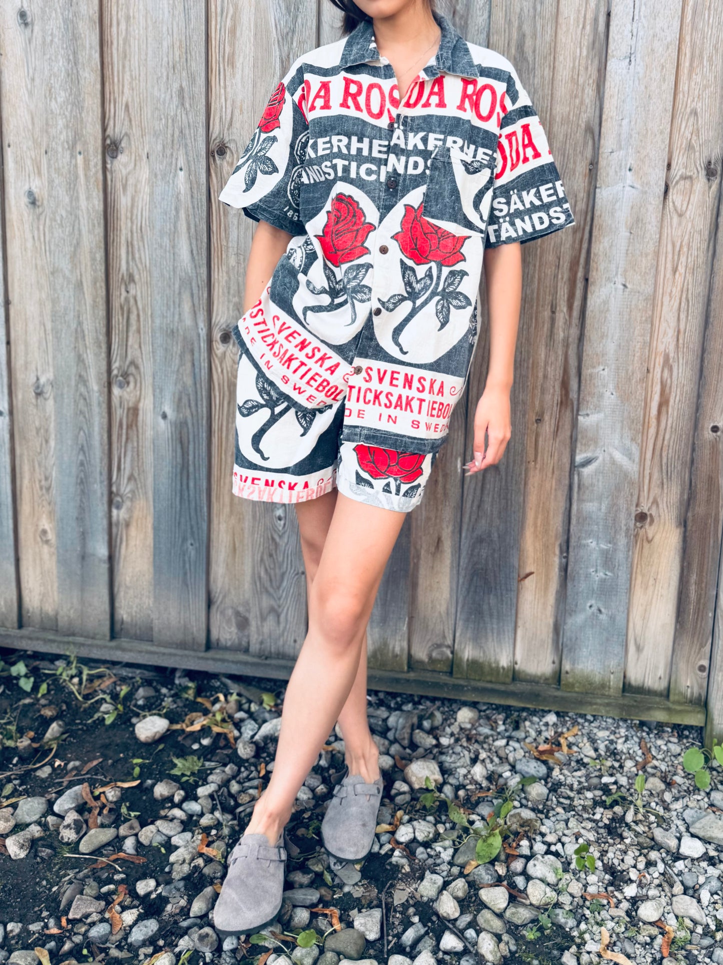 Red Rose Matchbox Print Drawstring Shorts