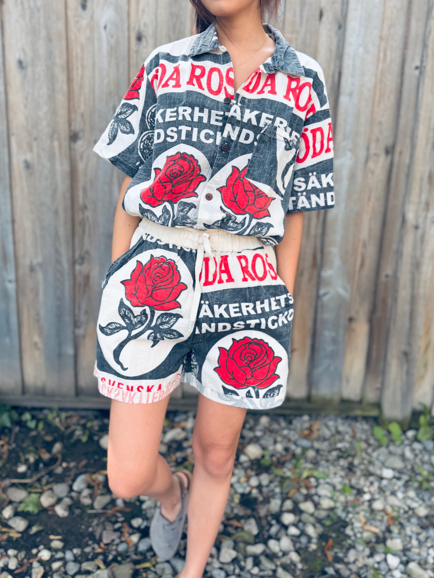 Red Rose Matchbox Print Drawstring Shorts