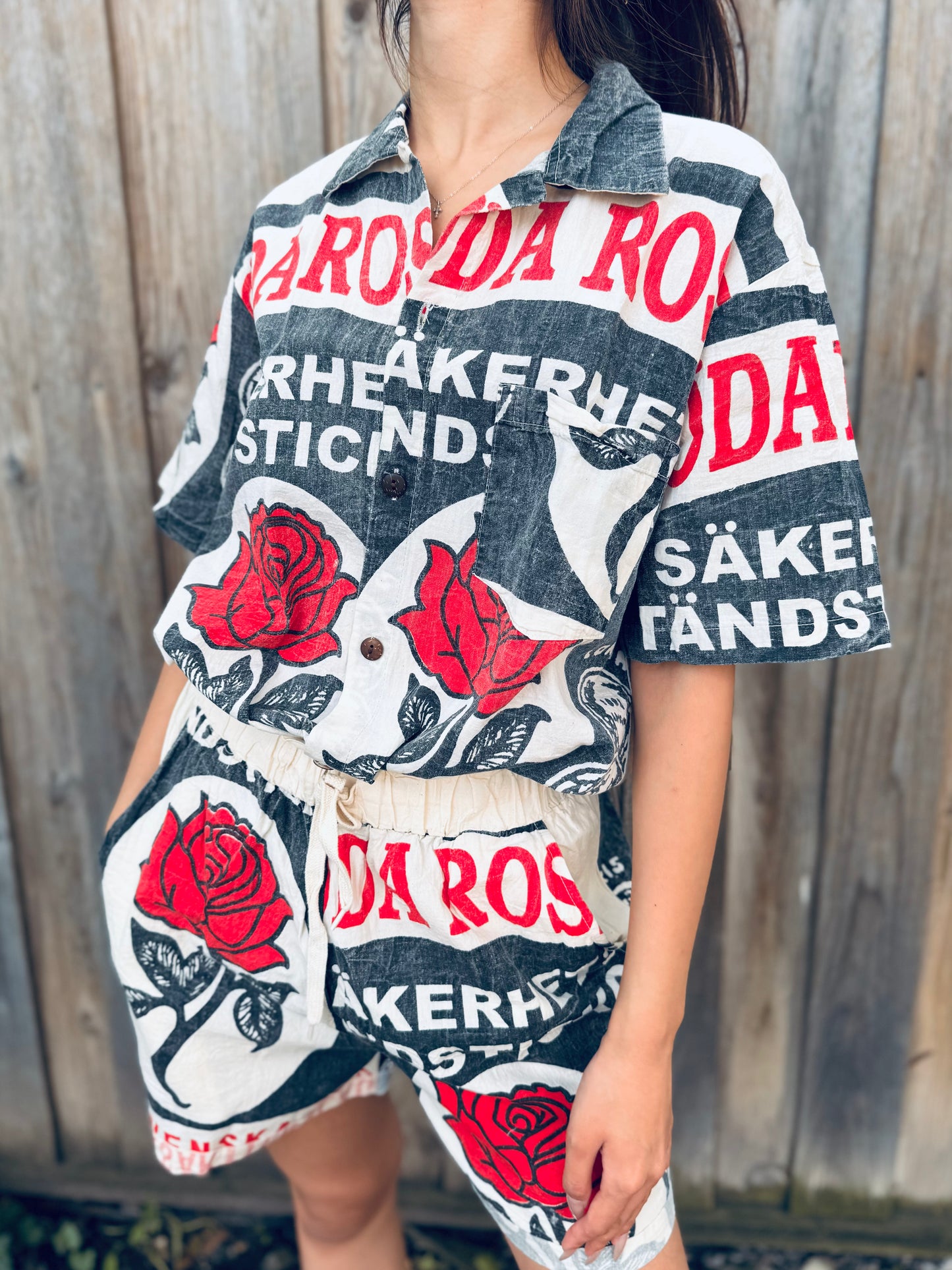 Red Rose Matchbox Print Button-Up Shirt