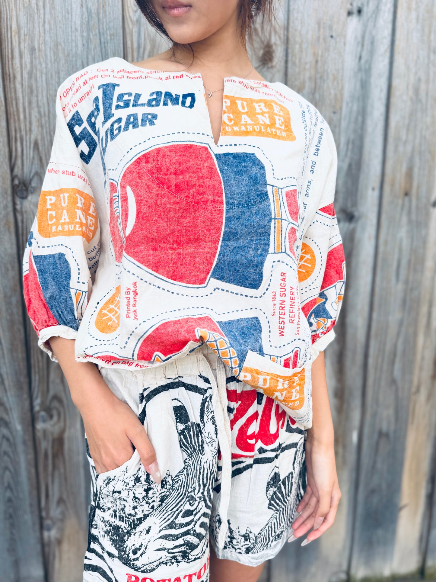 Vintage Sugar Sack Print Cotton Blouse – Oversized Fit