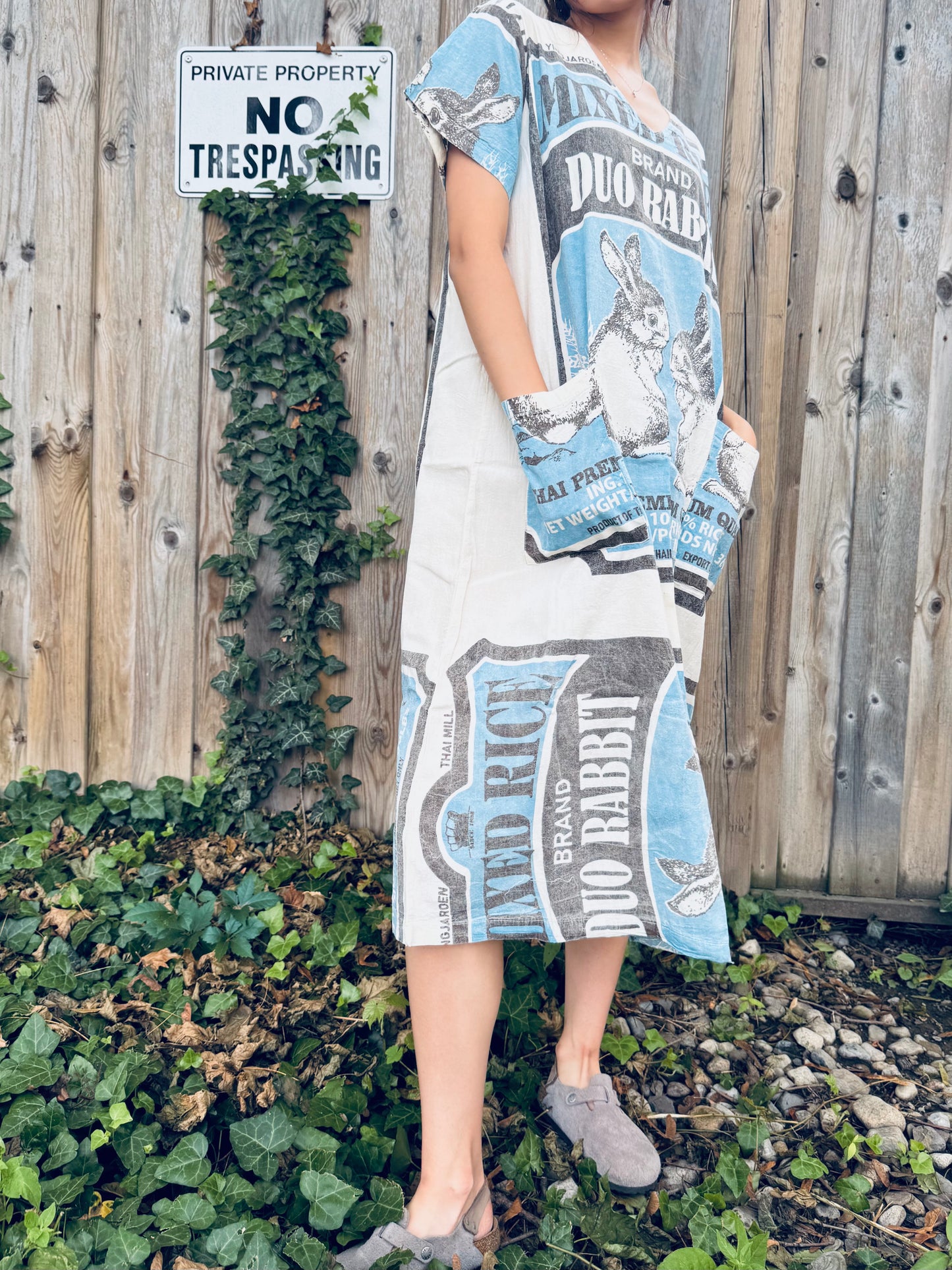 π° Duo Rabbit V-Neck Dress β Washed Cotton Upcycled Artwear