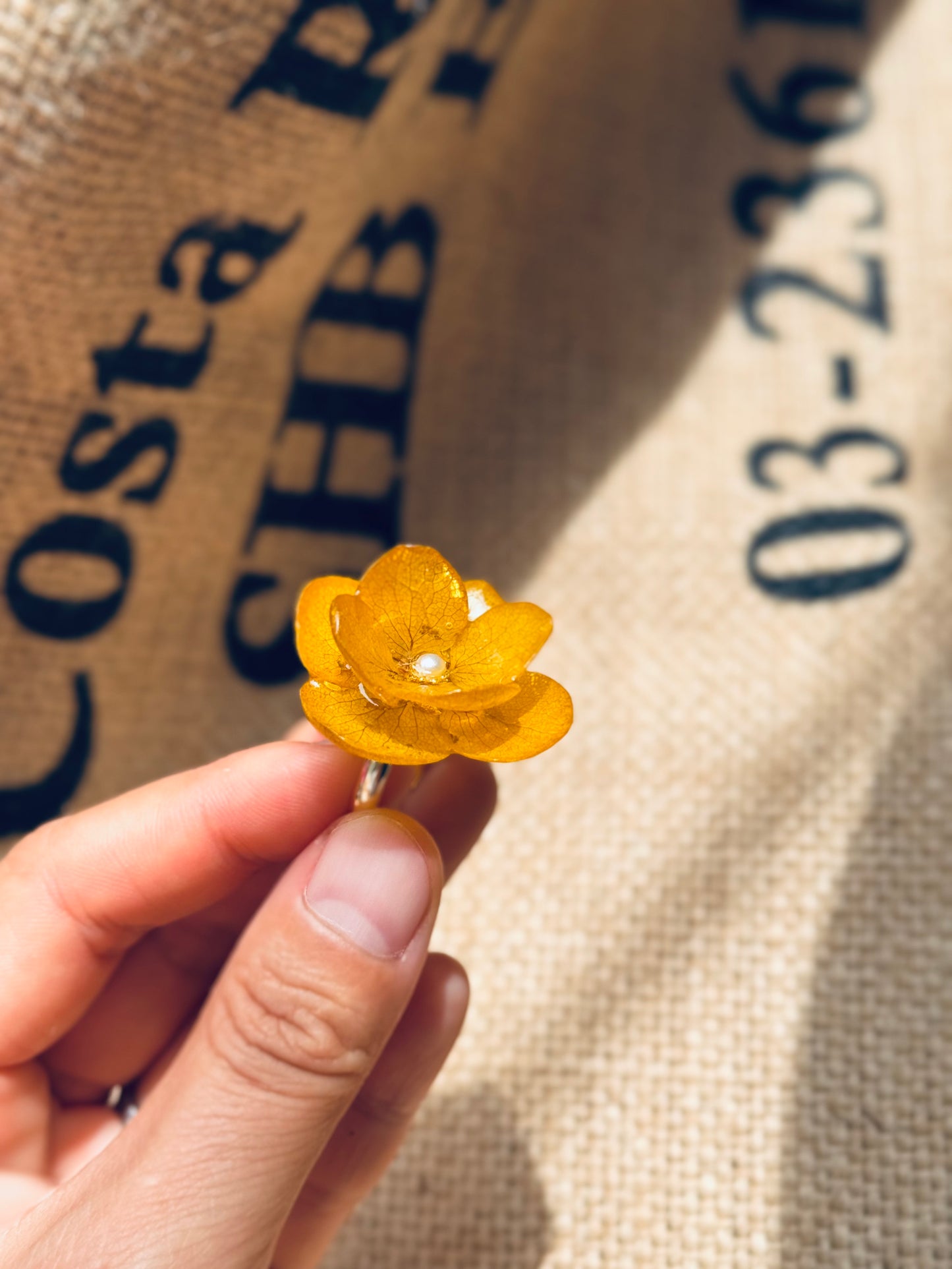 Real Dried Hydrangea Adjustable Ring – 14K Gold‑Filled