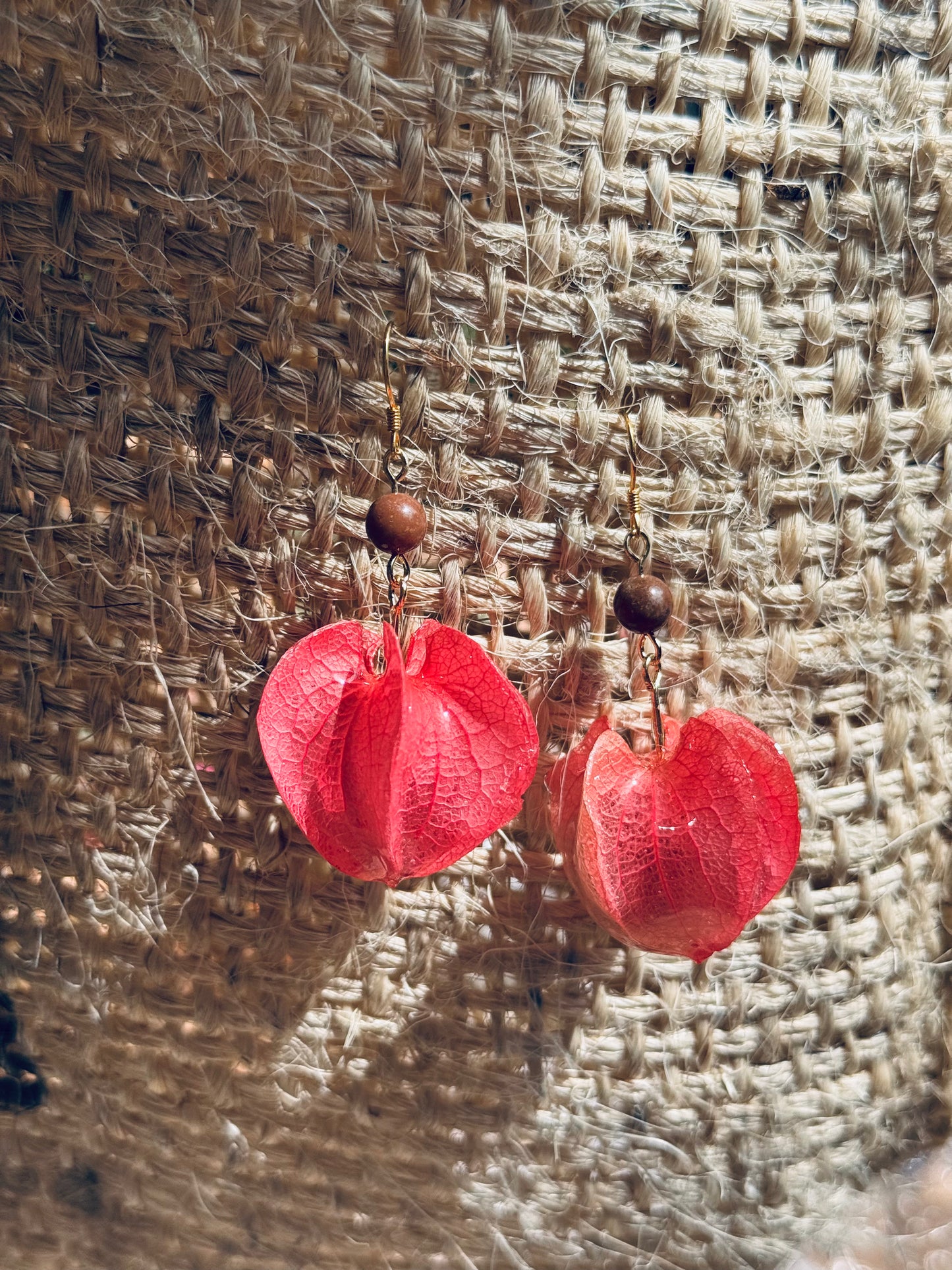 Real Gooseberry Petal Earrings with Natural Stone & 14K Gold-Filled Hooks