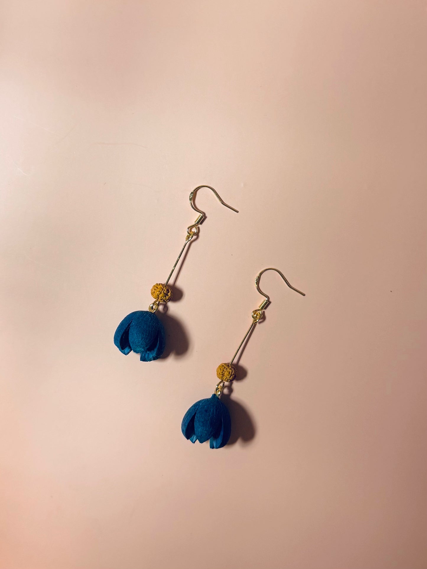 💙✨ Blue Bodhi Blossom Earrings – with Open‑Smile Seeds – 14k Gold ✨💙