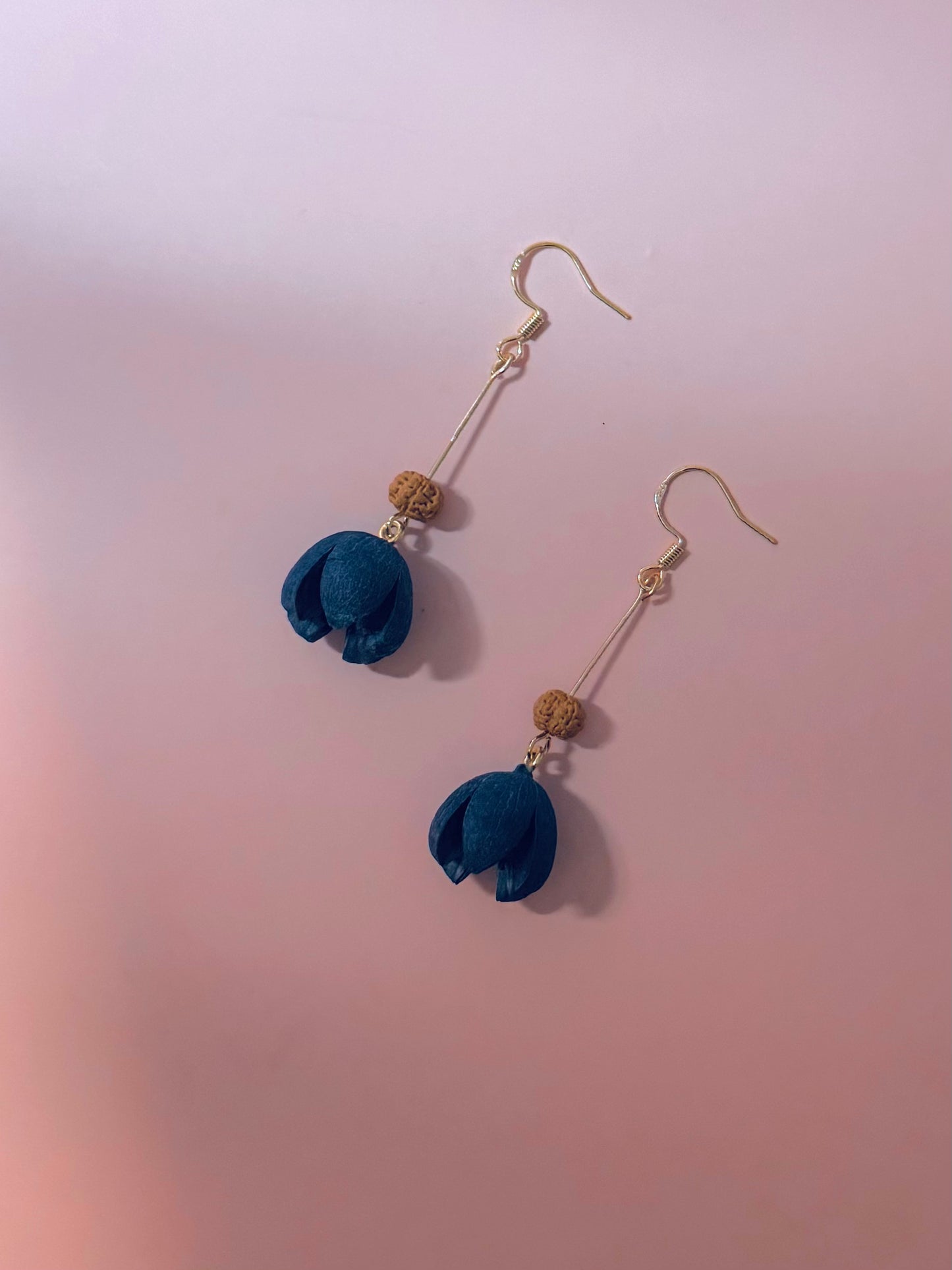 💙✨ Blue Bodhi Blossom Earrings – with Open‑Smile Seeds – 14k Gold ✨💙