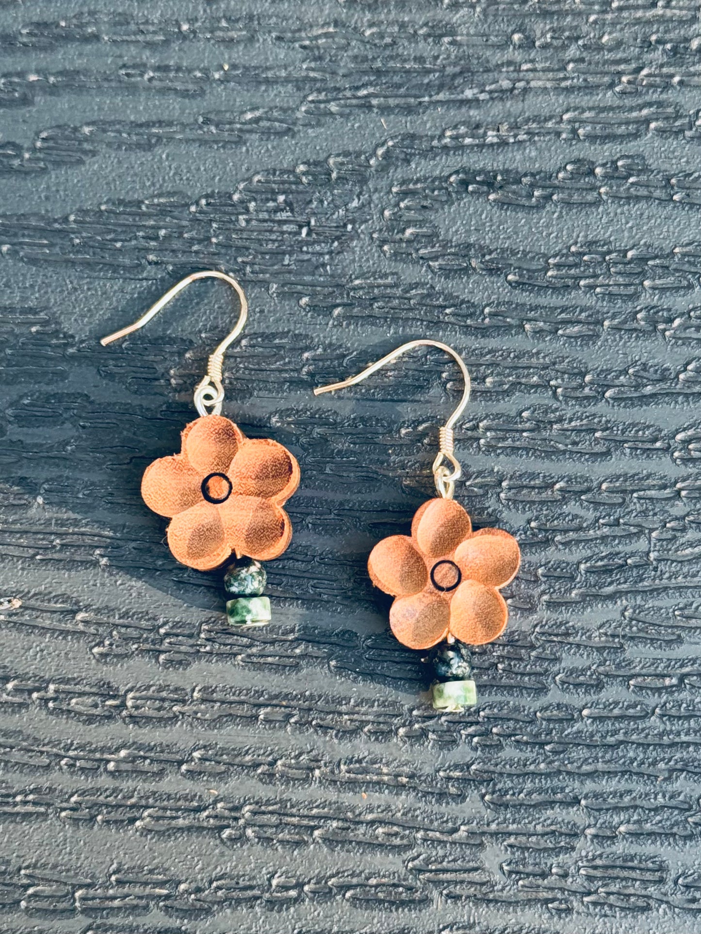 Peach Wood Flower Earrings with Turquoise – Silver Hook