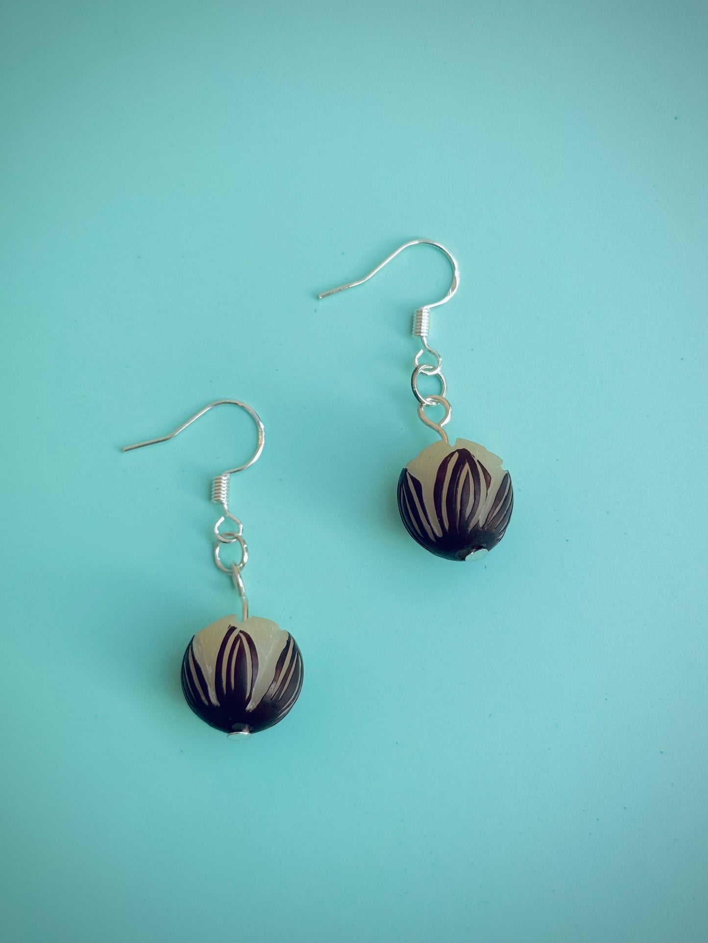 Carved Bodhi Root Earrings – Silver Hook