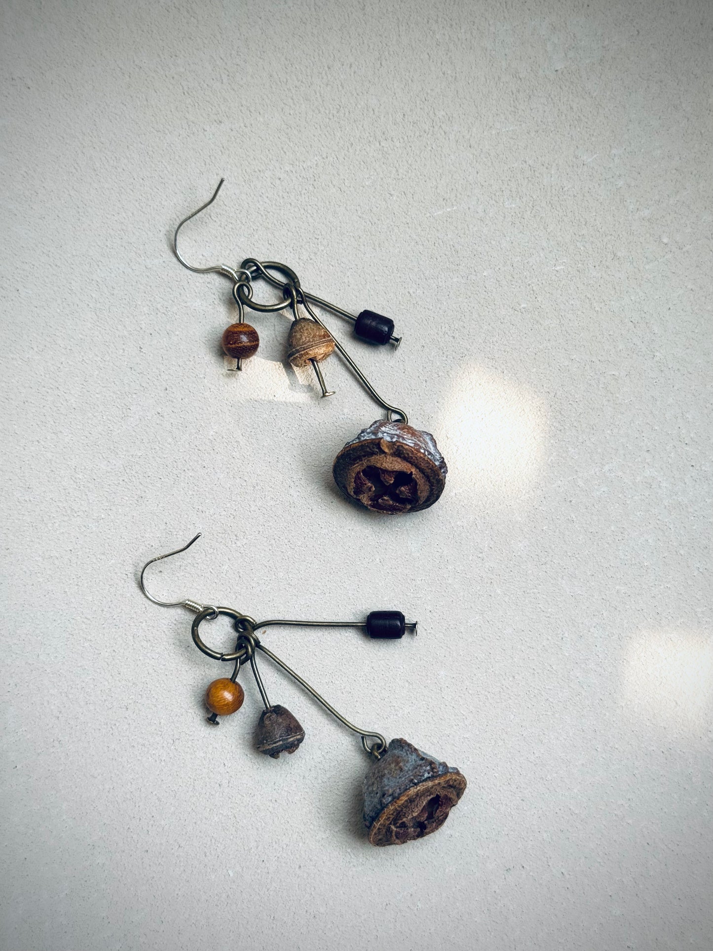 Forest Trio Drop Earrings – Eucalyptus Pod, Sandalwood & Bell Fruit | Silver Hook
