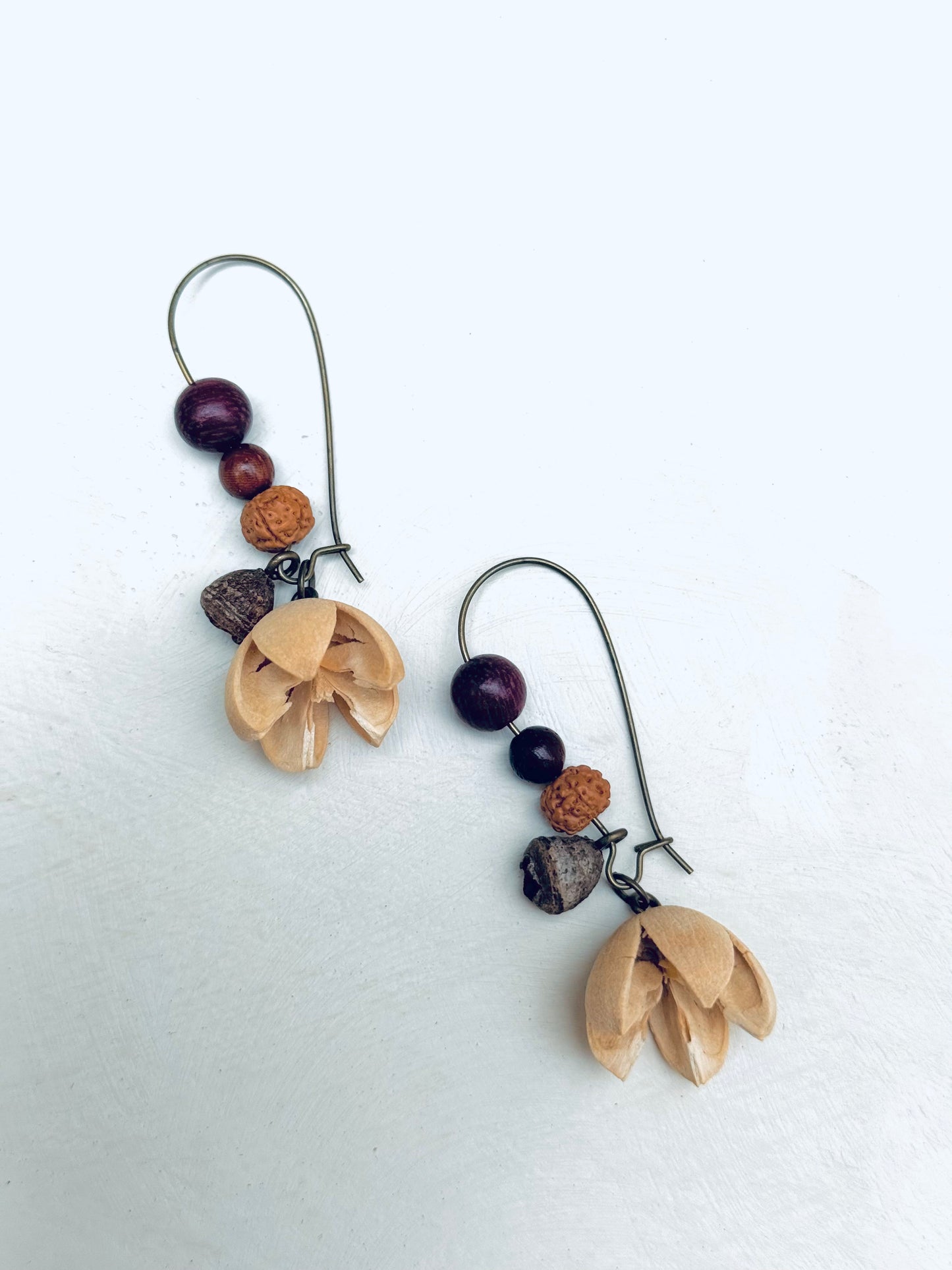 Nature Spirit Earrings – Smiling Seed, Vajra Bodhi, Bell Pod & Sandalwood