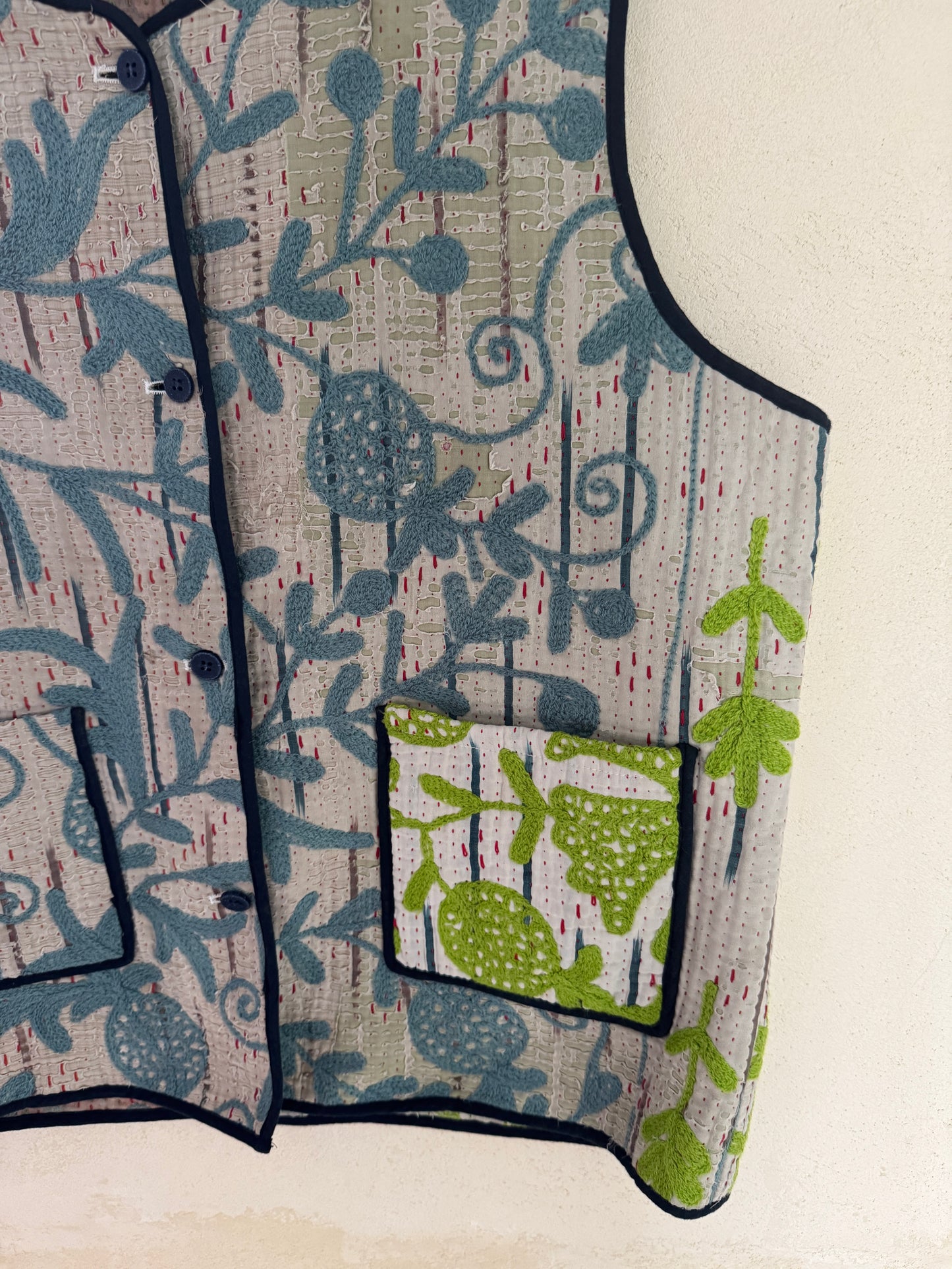 Hand Embroidered Suzani Style Cotton Vest | One of a Kind Artisan Piece