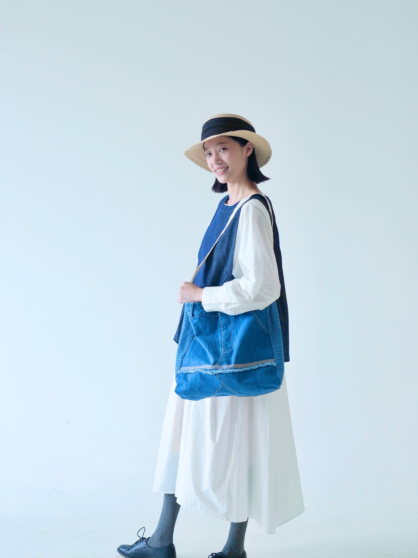 Denim Shoulder Bag with Striped Panels – Crafted in Japan