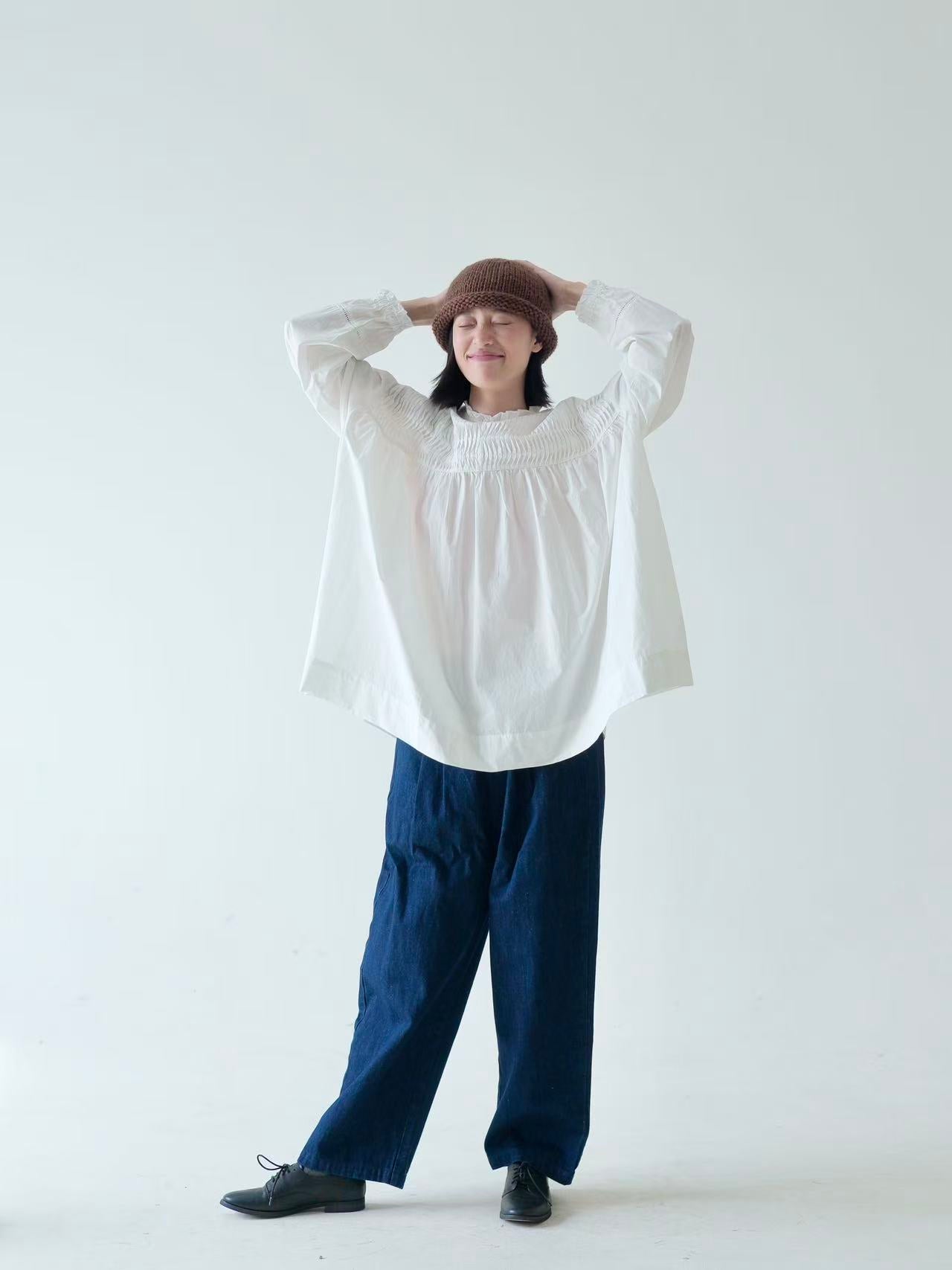 Cotton Smocked Detail Blouse – White