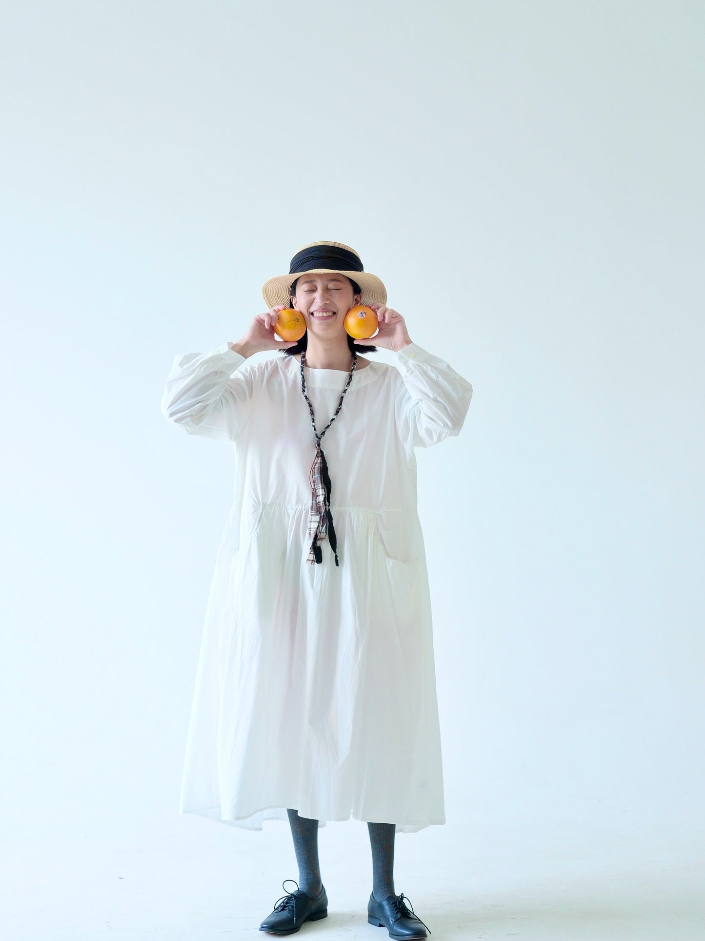 Cotton Gathered Long Dress – White