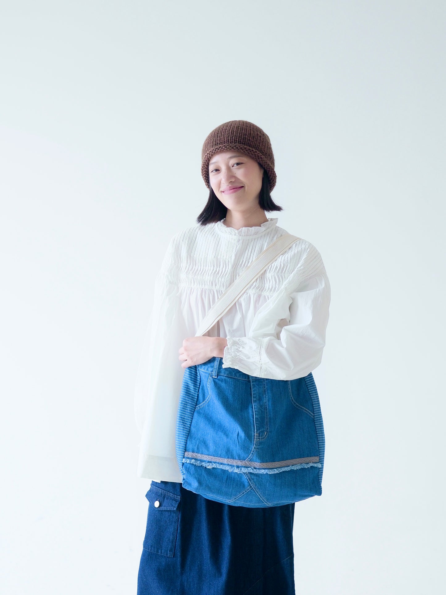 Denim Shoulder Bag with Striped Panels – Crafted in Japan