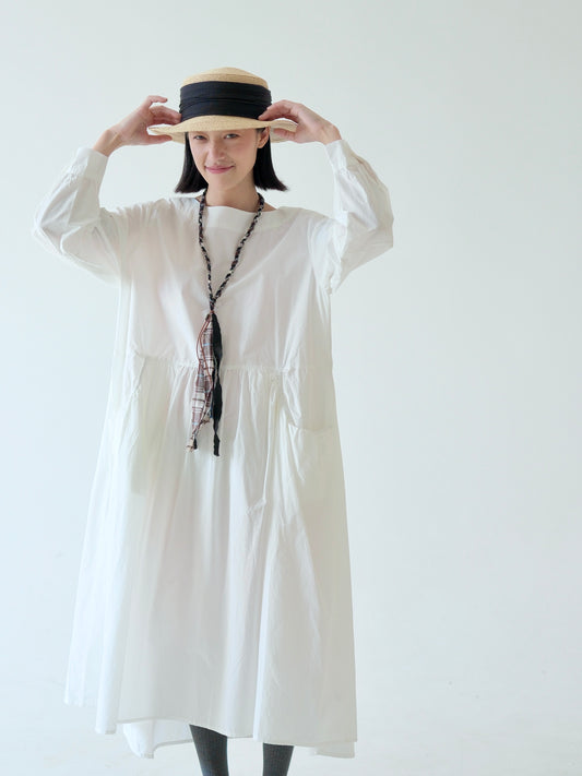 Cotton Gathered Long Dress – White