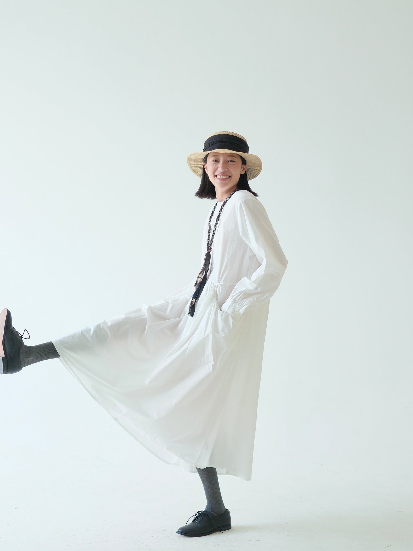 Cotton Gathered Long Dress – White