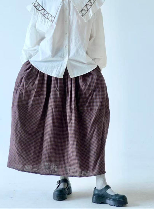 Brown Check Cotton Skirt – Lightweight Japanese Fabric