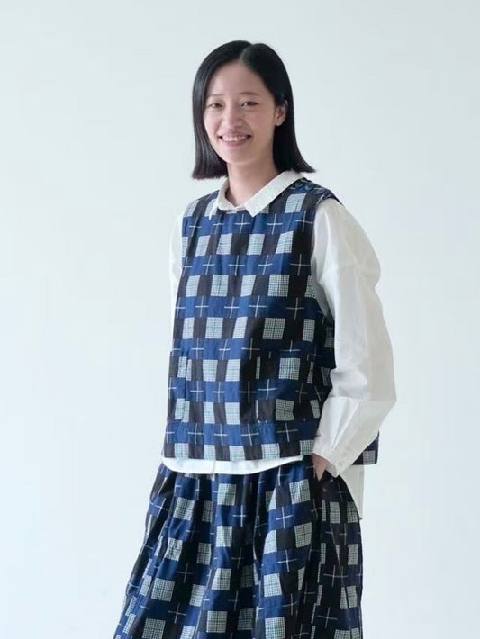Japanese Patchwork Style Cotton Vest – Navy Checkered
