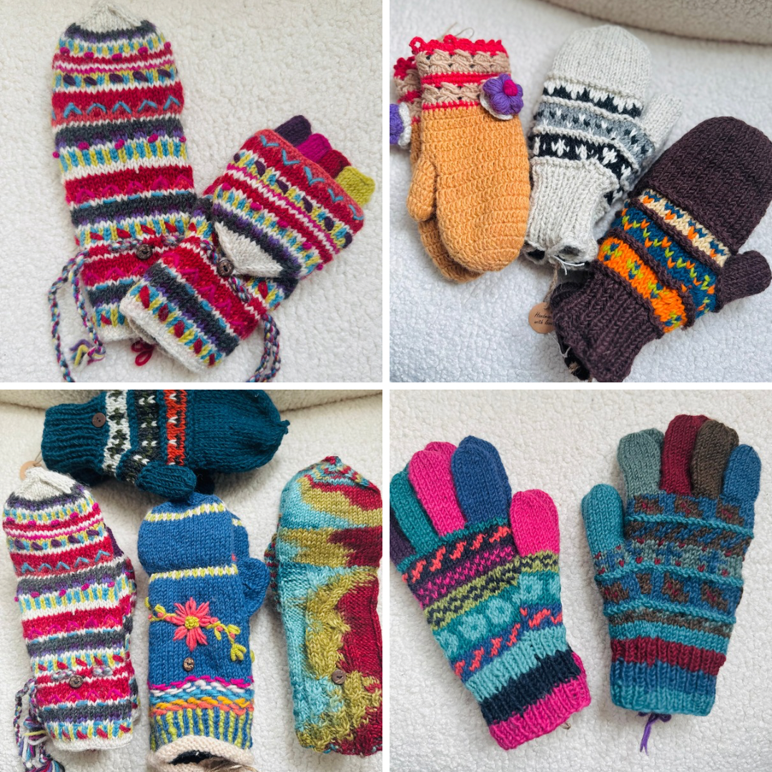 Hand Knit Wool Mittens & Gloves – Fleece Lined, One of a Kind, Handmade in Nepal