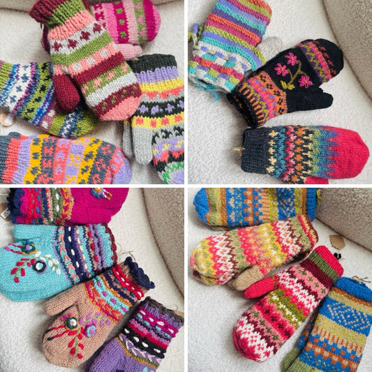 Hand Knit Wool Mittens – Fleece Lined, One of a Kind, Handmade in Nepal